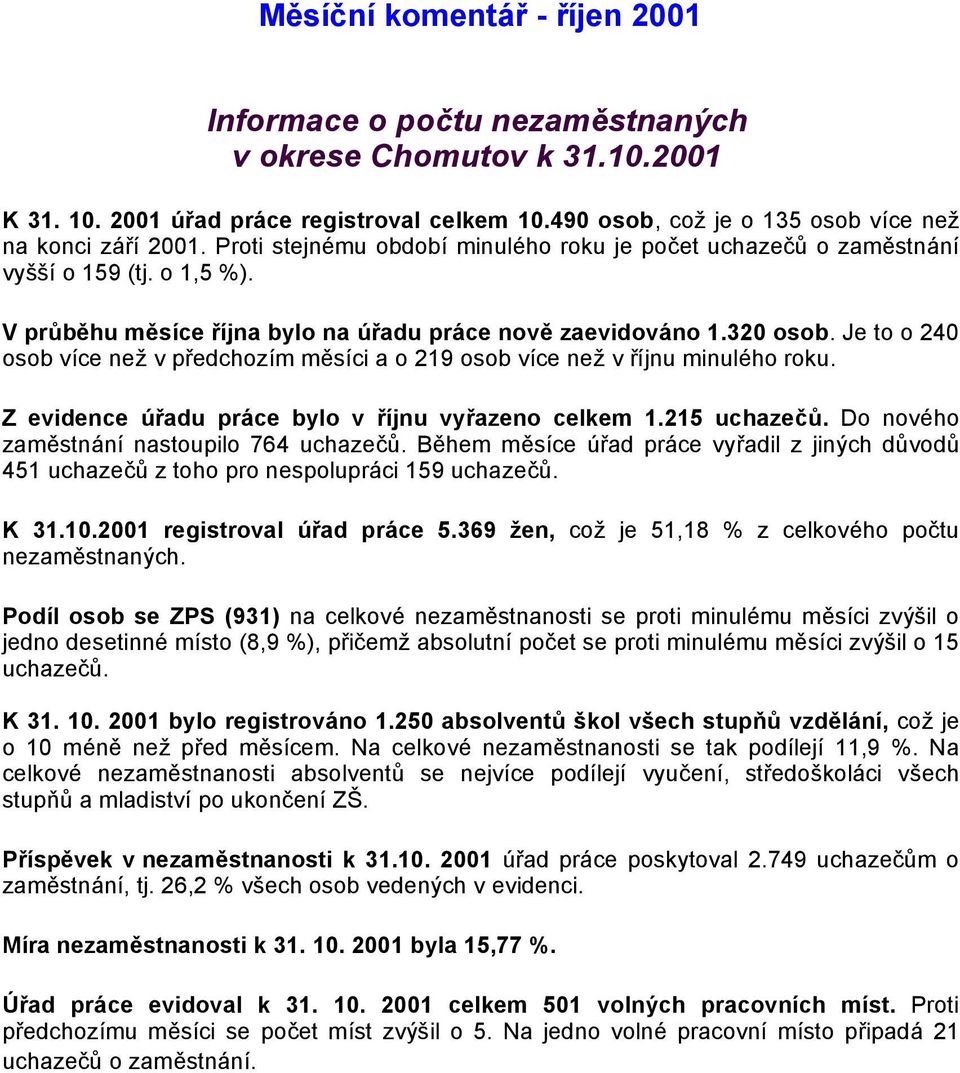 Je to o 240 osob více než v předchozím měsíci a o 219 osob více než v říjnu minulého roku. Z evidence úřadu práce bylo v říjnu vyřazeno celkem 1.