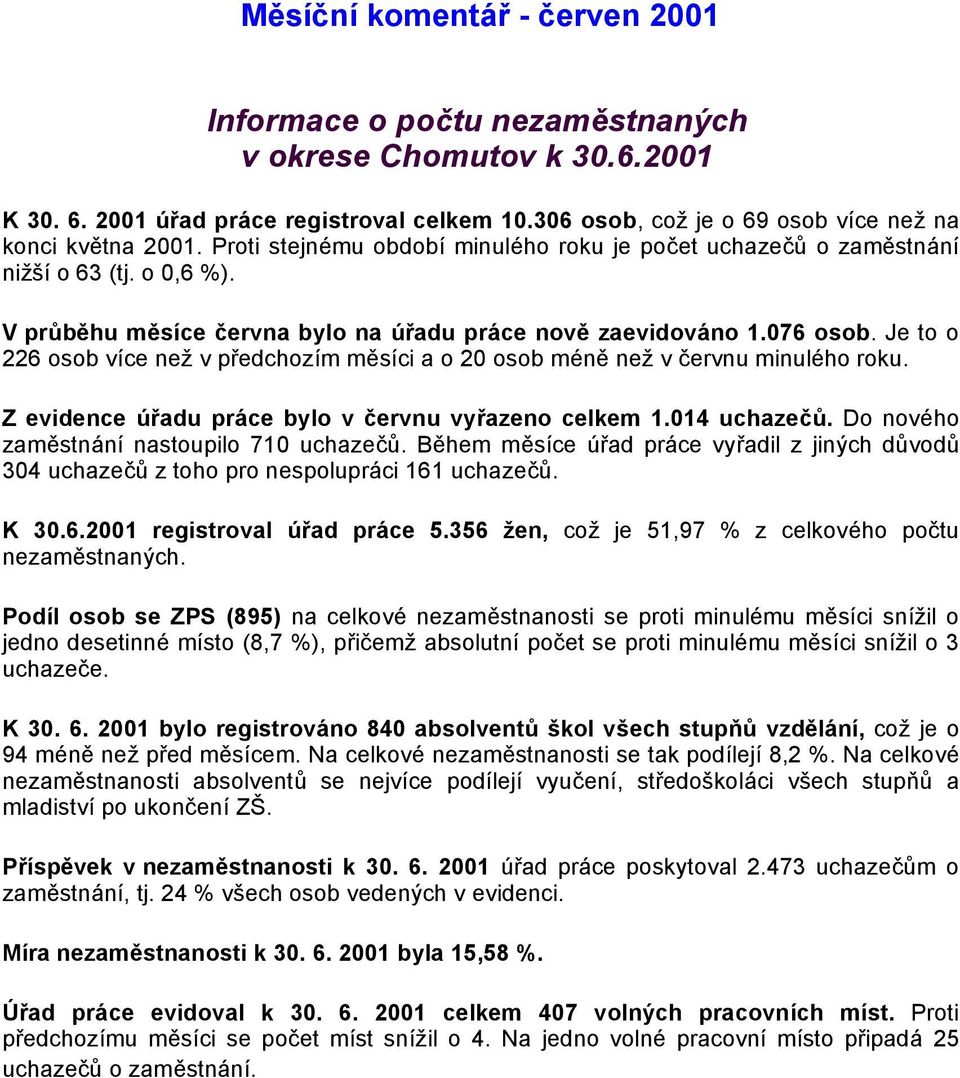 Je to o 226 osob více než v předchozím měsíci a o 20 osob méně než v červnu minulého roku. Z evidence úřadu práce bylo v červnu vyřazeno celkem 1.