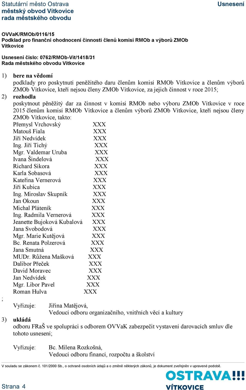 Vítkovice v roce 2015 členům komisí RMOb Vítkovice a členům výborů ZMOb Vítkovice, kteří nejsou členy ZMOb Vítkovice, takto: Přemysl Vrchovský Matouš Fiala Jiří Nedvídek Ing. Jiří Tichý Mgr.