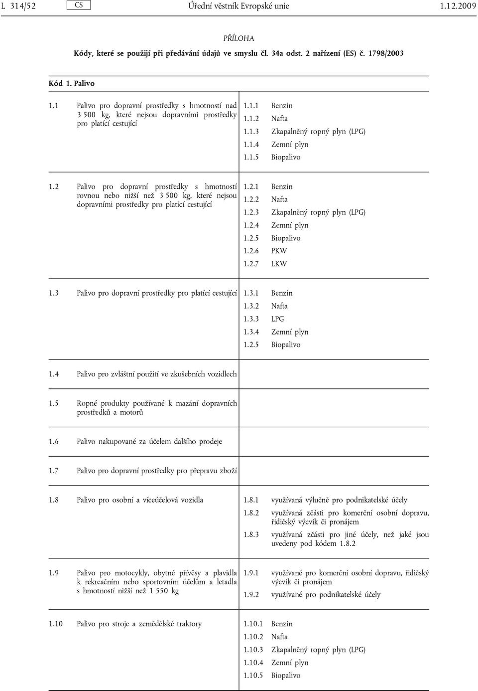 2 Palivo pro dopravní prostředky s hmotností rovnou nebo nižší než 3 500 kg, které nejsou dopravními prostředky 1.2.1 Benzin 1.2.2 Nafta 1.2.3 Zkapalněný ropný plyn (LPG) 1.2.4 Zemní plyn 1.2.5 Biopalivo 1.