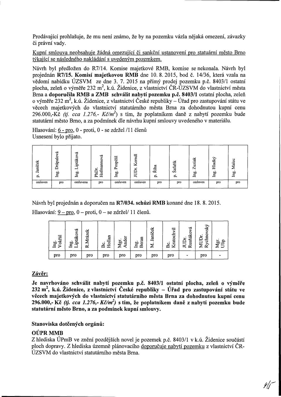 Komise majetkové RMB, komise se nekonala. Návrh byl jednán R7/15. Komisí majetkovou RMB dne 10. 8. 2015, bod č. 14/36, která vzala na vědomí nabídku ÚZSVM ze dne 3. 7. 2015 na přímý dej pozemku p.č. 8403/1 ostatní plocha, zeleň o výměře 232 m 2, k.