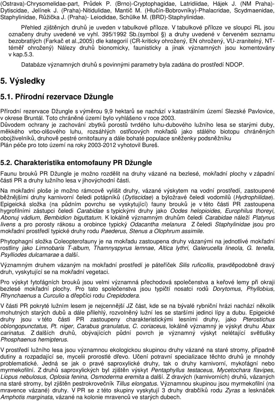 V tabulkové příloze ve sloupci RL jsou označeny druhy uvedené ve vyhl. 395/1992 Sb.(symbol ) a druhy uvedené v červeném seznamu bezobratlých (Farkač et al.