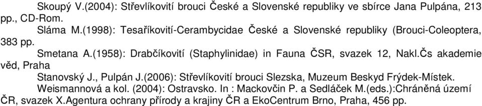 (1958): Drabčíkovití (Staphylinidae) in Fauna ČSR, svazek 12, Nakl.Čs akademie věd, Praha Stanovský J., Pulpán J.