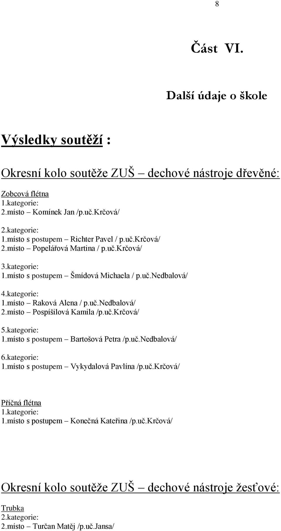 uč.nedbalová/ 2.místo Pospíšilová Kamila /p.uč.krčová/ 5.kategorie: 1.místo s postupem Bartošová Petra /p.uč.nedbalová/ 6.kategorie: 1.místo s postupem Vykydalová Pavlína /p.uč.krčová/ Příčná flétna 1.