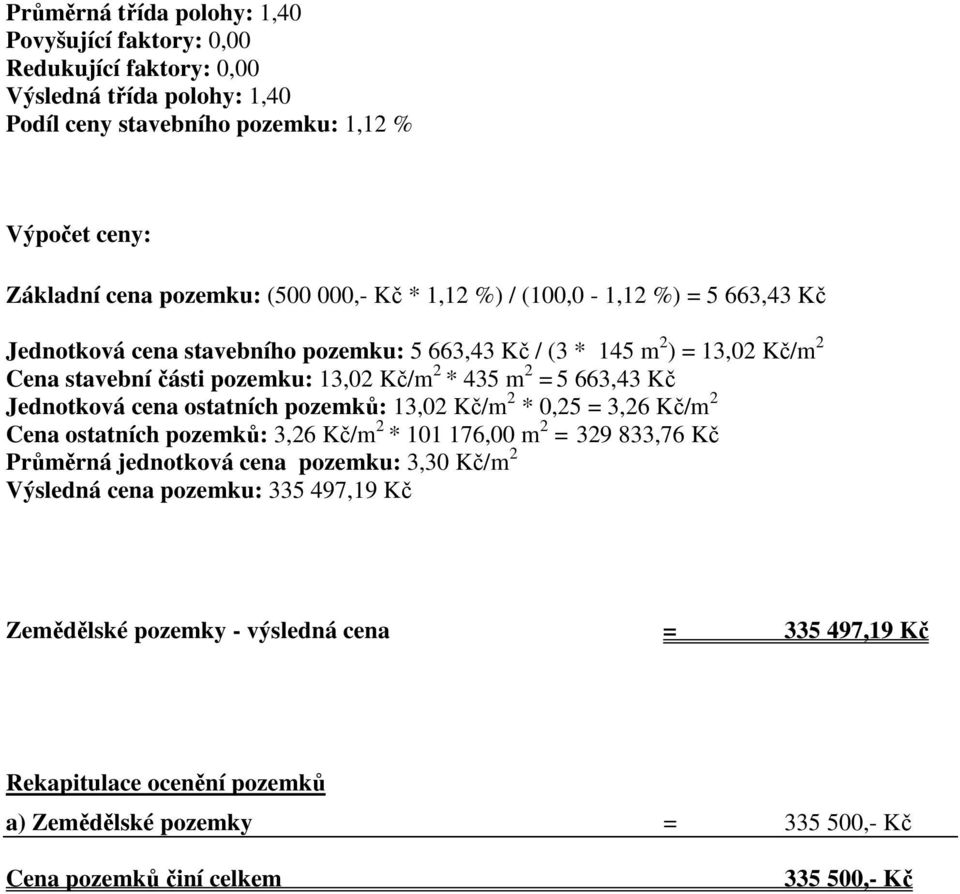 663,43 Kč Jednotková cena ostatních pozemků: 13,02 Kč/m 2 * 0,25 = 3,26 Kč/m 2 Cena ostatních pozemků: 3,26 Kč/m 2 * 101 176,00 m 2 = 329 833,76 Kč Průměrná jednotková cena pozemku: 3,30