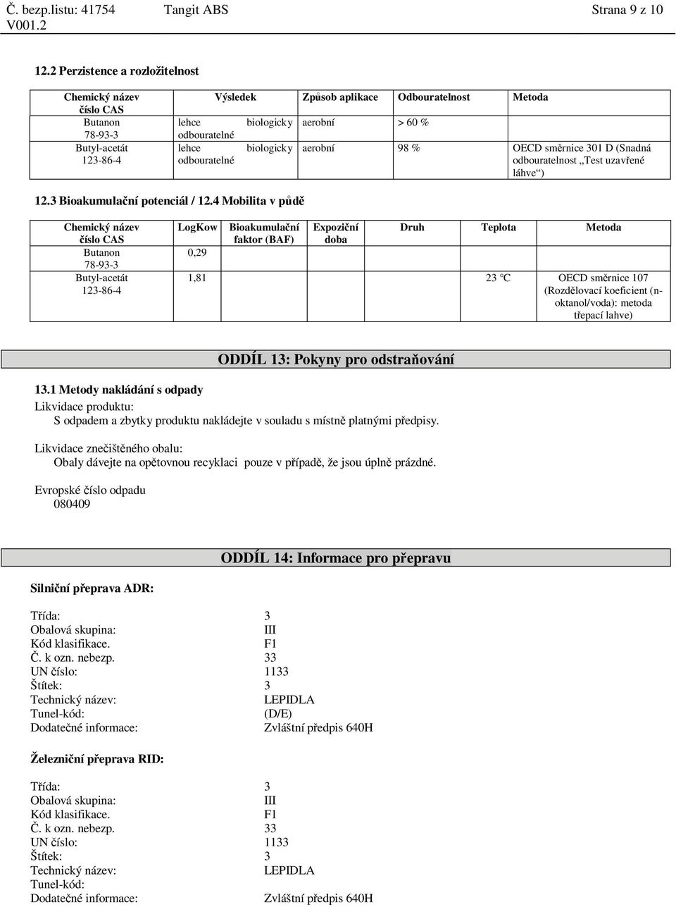 odbouratelnost Test uzav ené láhve ) 12.3 Bioakumula ní potenciál / 12.