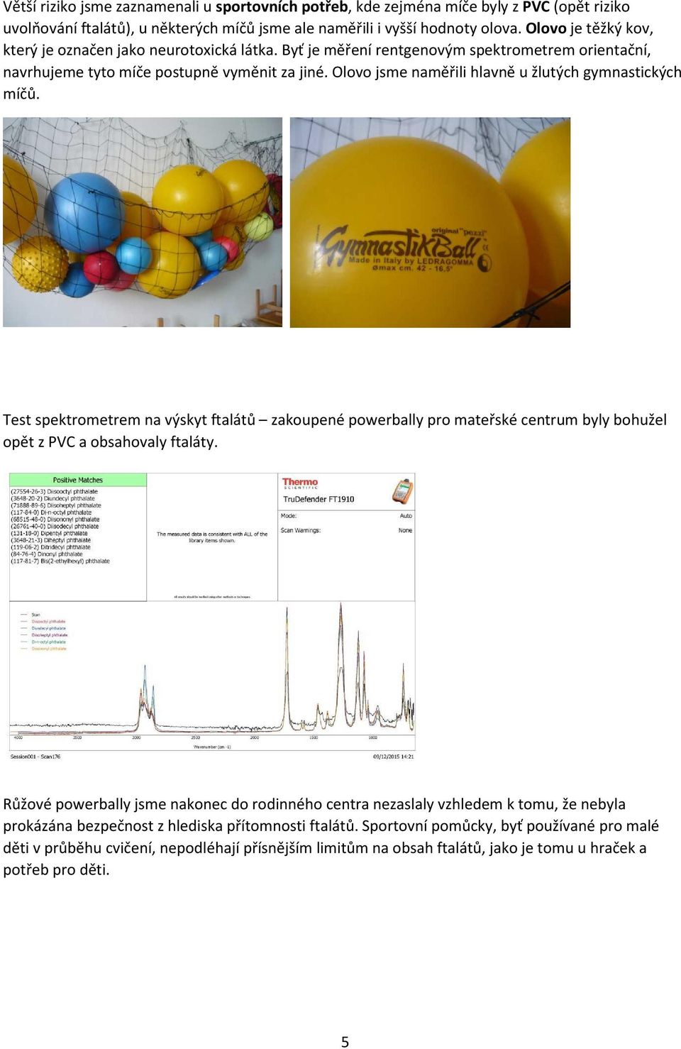 Olovo jsme naměřili hlavně u žlutých gymnastických míčů. Test spektrometrem na výskyt ftalátů zakoupené powerbally pro mateřské centrum byly bohužel opět z PVC a obsahovaly ftaláty.
