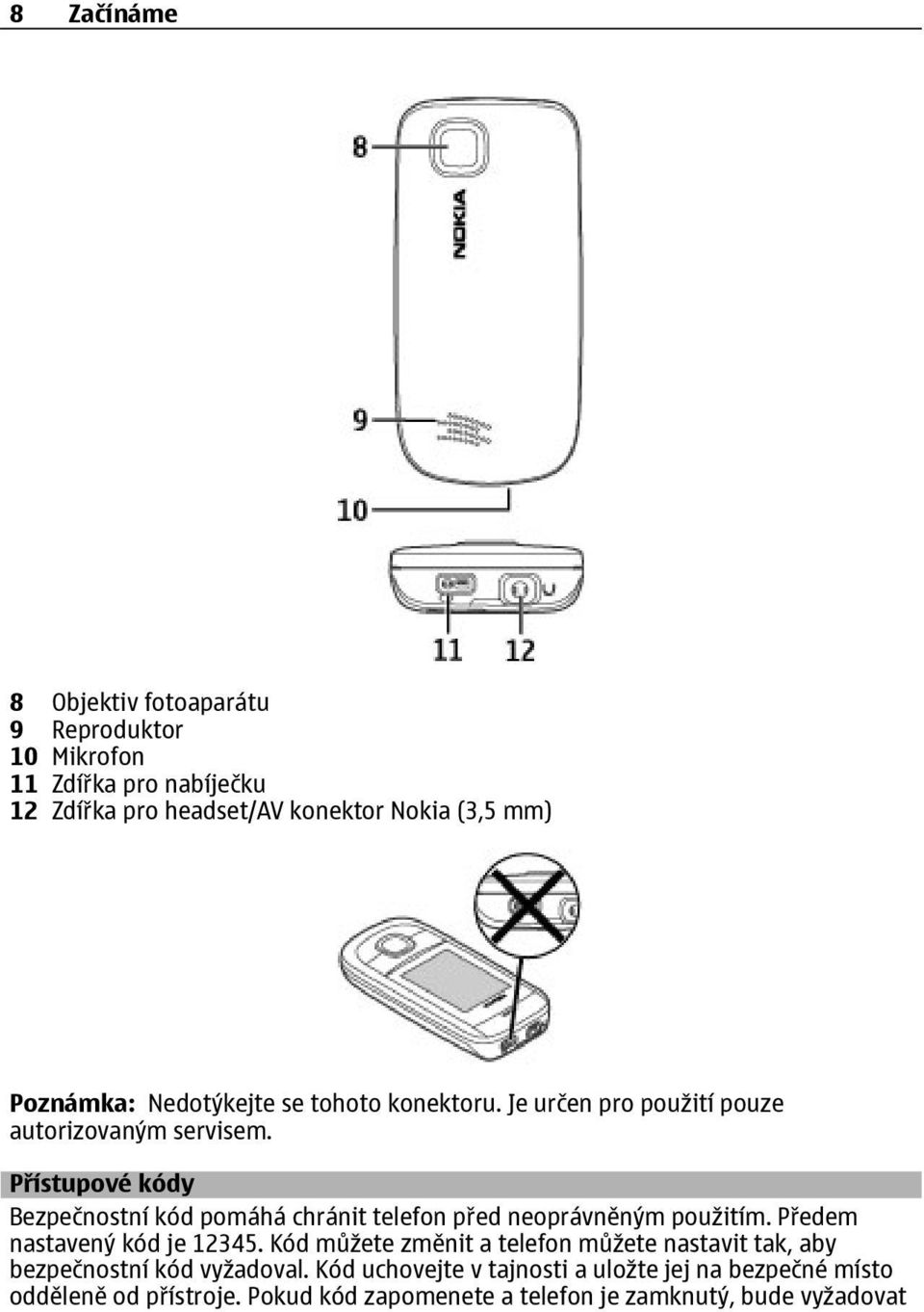 Přístupové kódy Bezpečnostní kód pomáhá chránit telefon před neoprávněným použitím. Předem nastavený kód je 12345.