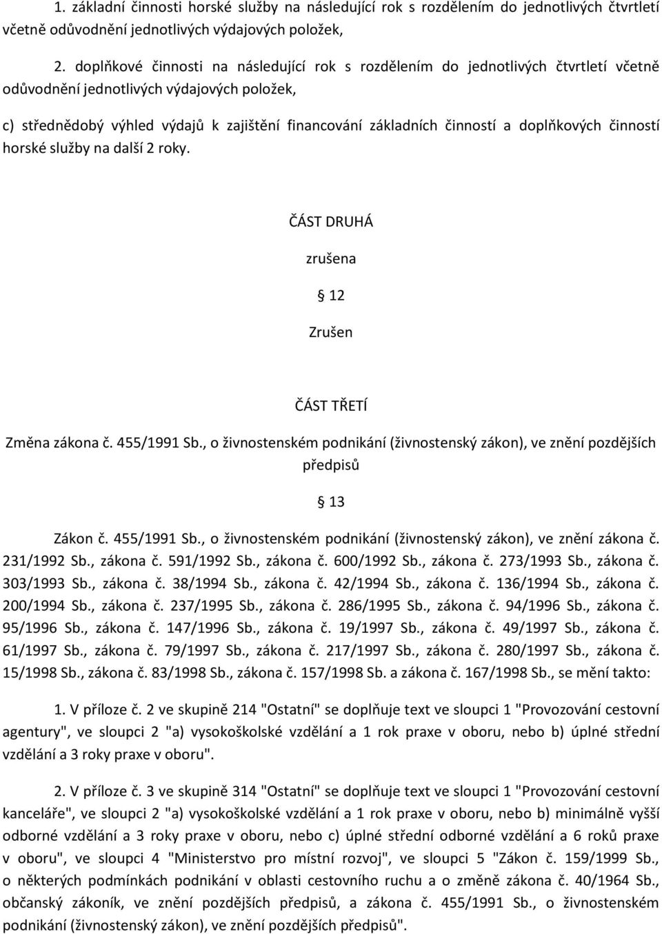 činností a doplňkových činností horské služby na další 2 roky. ČÁST DRUHÁ zrušena 12 Zrušen ČÁST TŘETÍ Změna zákona č. 455/1991 Sb.