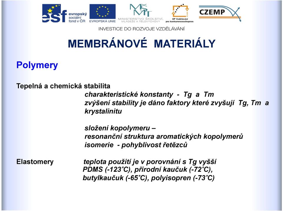 aromatických kopolymerů isomerie - pohyblivost řetězců Elastomery teplota použití je v