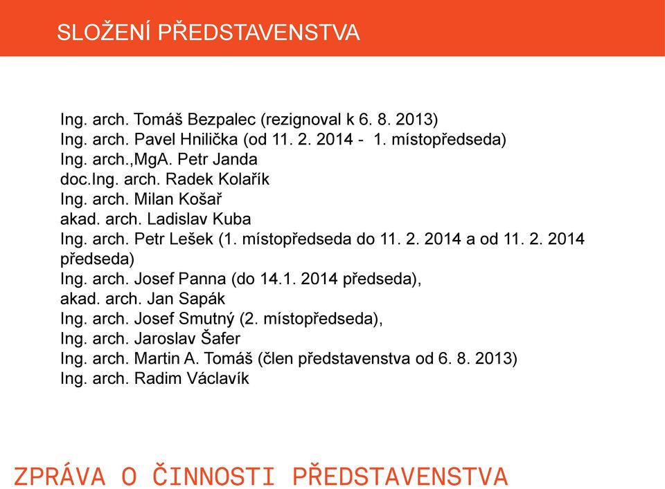 místopředseda do 11. 2. 2014 a od 11. 2. 2014 předseda) Ing. arch. Josef Panna (do 14.1. 2014 předseda), akad. arch. Jan Sapák Ing. arch. Josef Smutný (2.