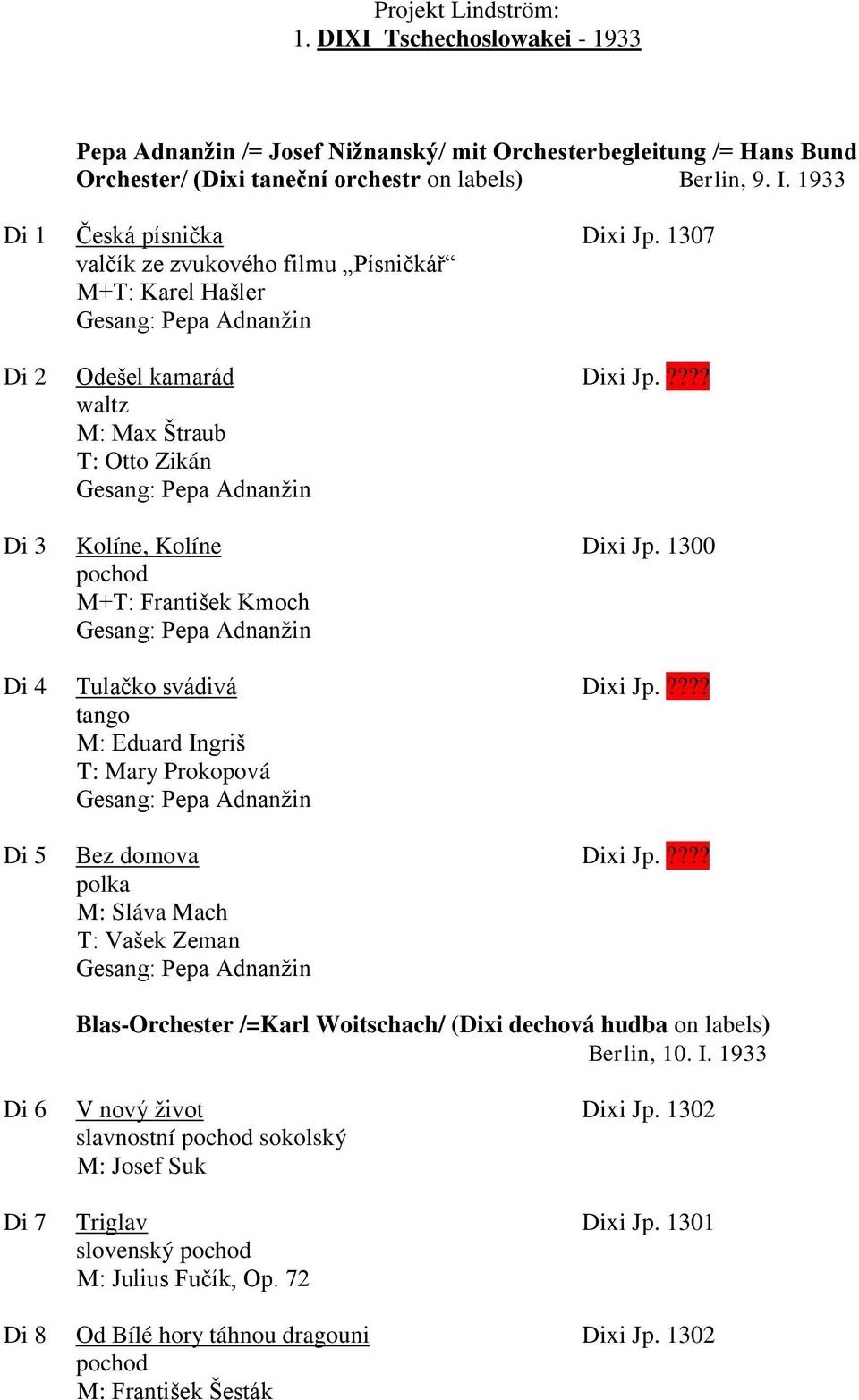 1300 pochod M+T: František Kmoch Di 4 Tulačko svádivá Dixi Jp.???? M: Eduard Ingriš T: Mary Prokopová Di 5 Bez domova Dixi Jp.