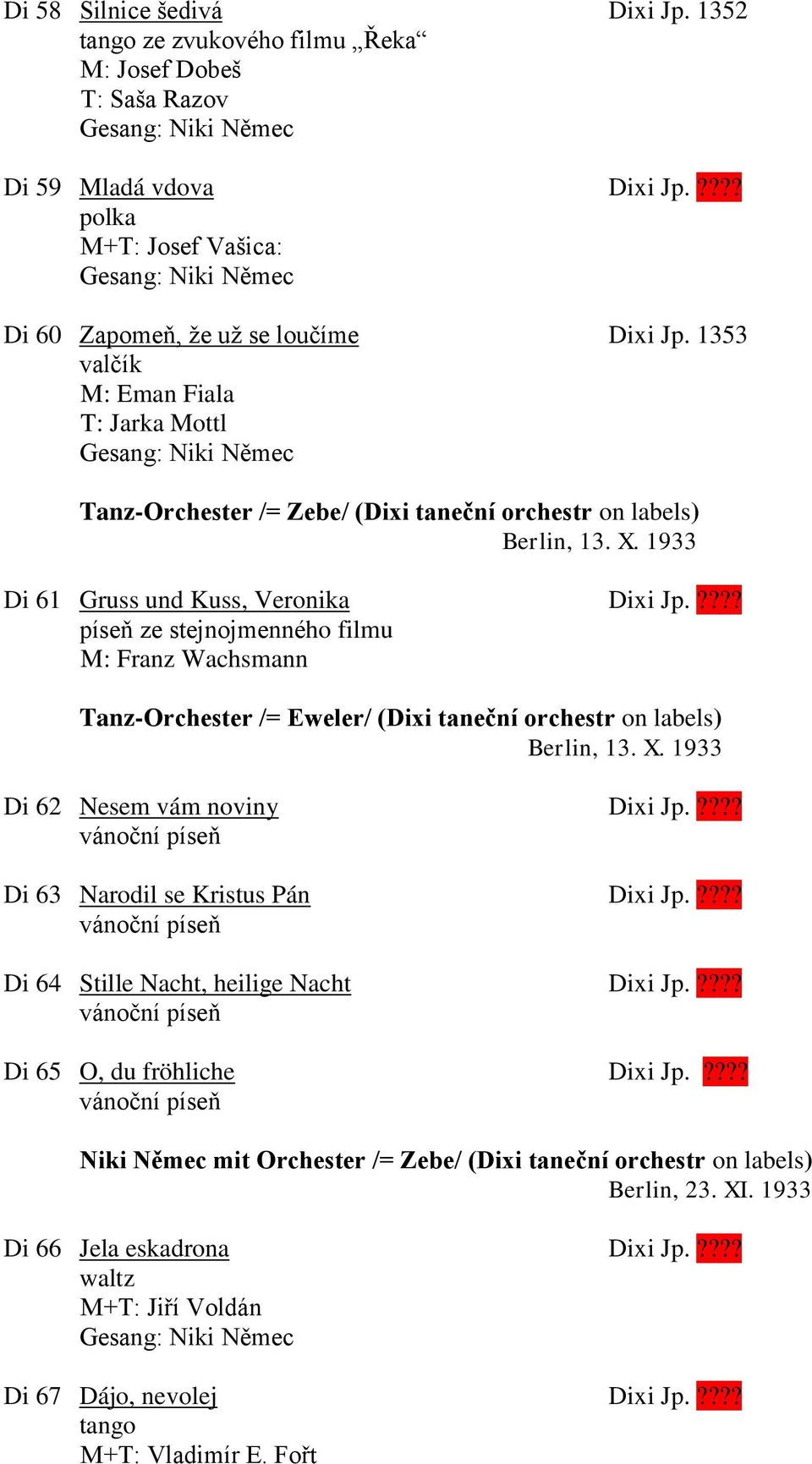 ???? píseň ze stejnojmenného filmu M: Franz Wachsmann Tanz-Orchester /= Eweler/ (Dixi taneční orchestr on labels) Berlin, 13. X. 1933 Di 62 Nesem vám noviny Dixi Jp.
