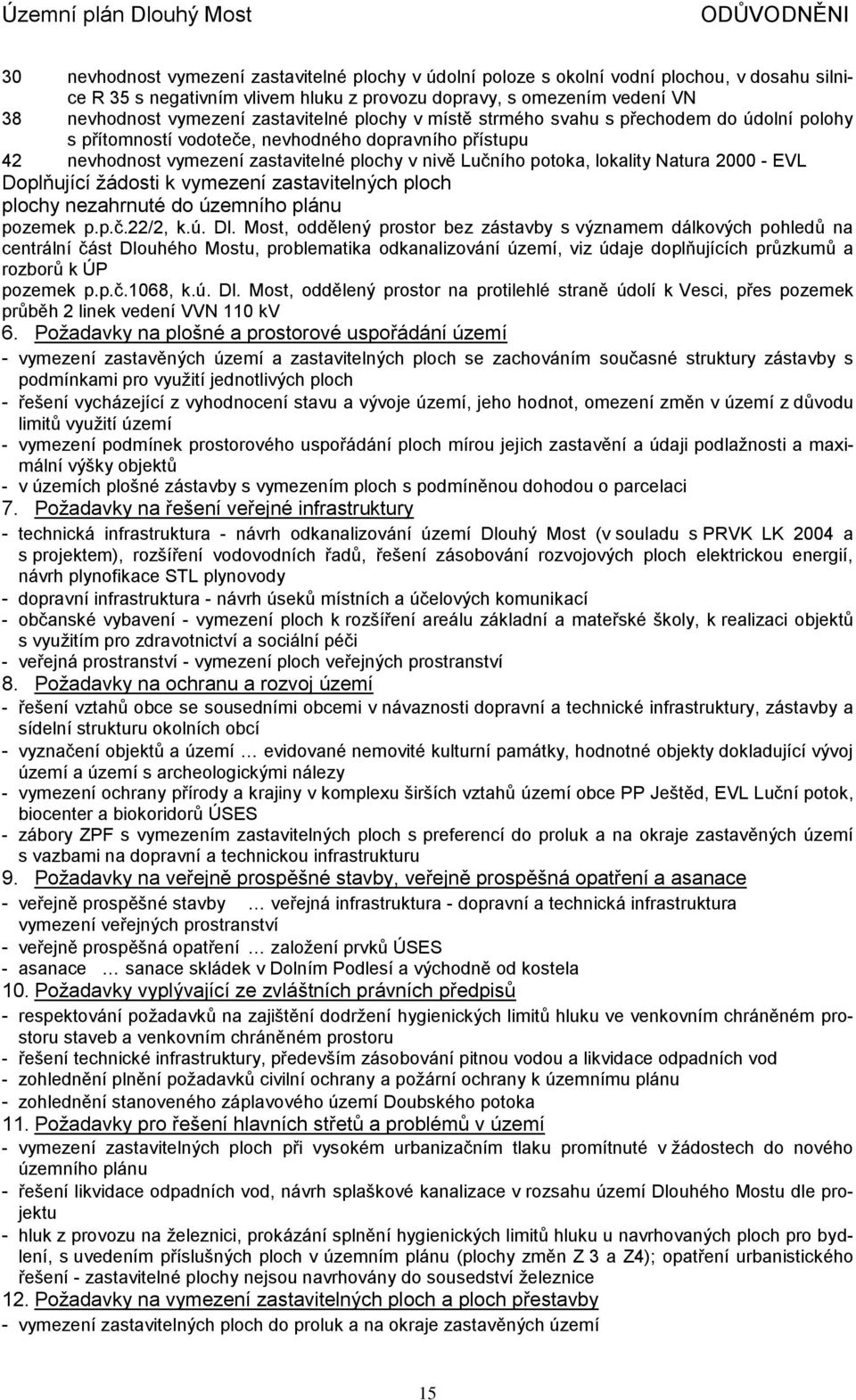 lokality Natura 2000 EVL Doplňující žádosti k vymezení zastavitelných ploch plochy nezahrnuté do územního plánu pozemek p.p.č.22/2, k.ú. Dl.