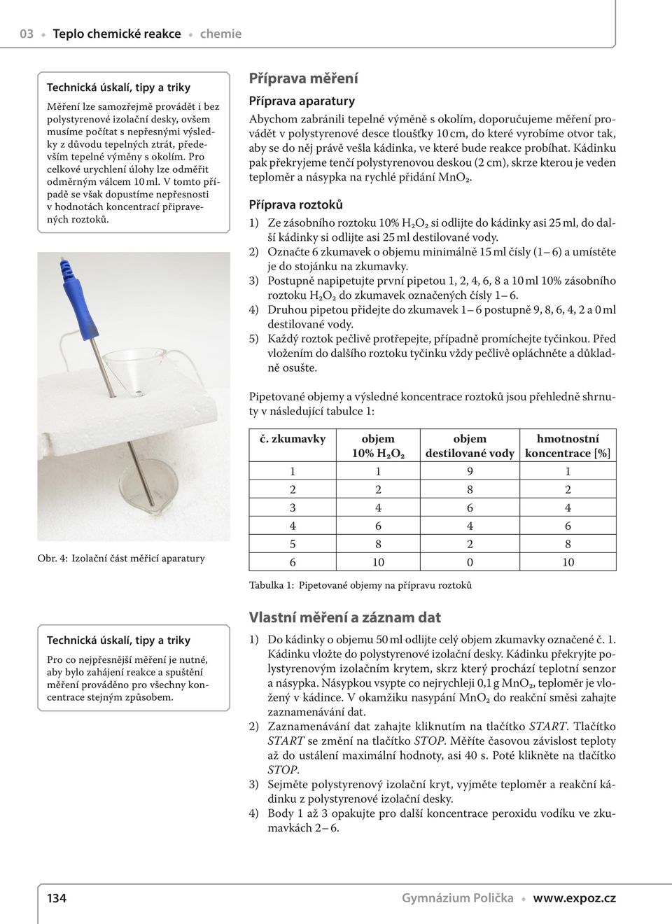 Příprava měření Příprava aparatury Abychom zabránili tepelné výměně s okolím, doporučujeme měření provádět v polystyrenové desce tloušťky 10 cm, do které vyrobíme otvor tak, aby se do něj právě vešla