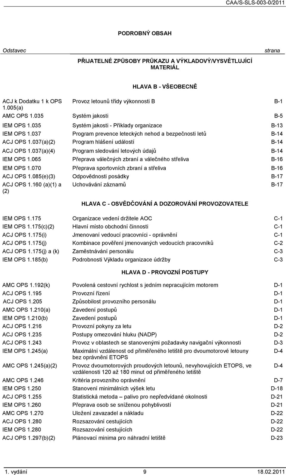 037(a)(2) Program hlášení událostí B-14 ACJ OPS 1.037(a)(4) Program sledování letových údajů B-14 IEM OPS 1.065 Přeprava válečných zbraní a válečného střeliva B-16 IEM OPS 1.