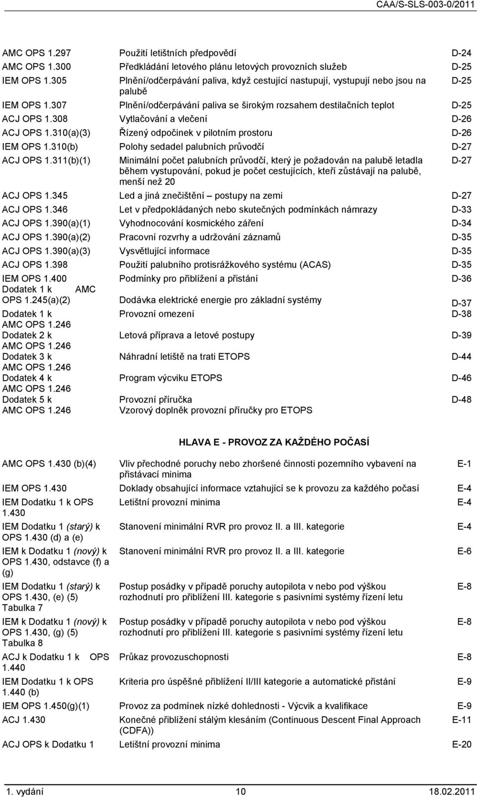 308 Vytlačování a vlečení D-26 ACJ OPS 1.310(a)(3) Řízený odpočinek v pilotním prostoru D-26 IEM OPS 1.310(b) Polohy sedadel palubních průvodčí D-27 ACJ OPS 1.