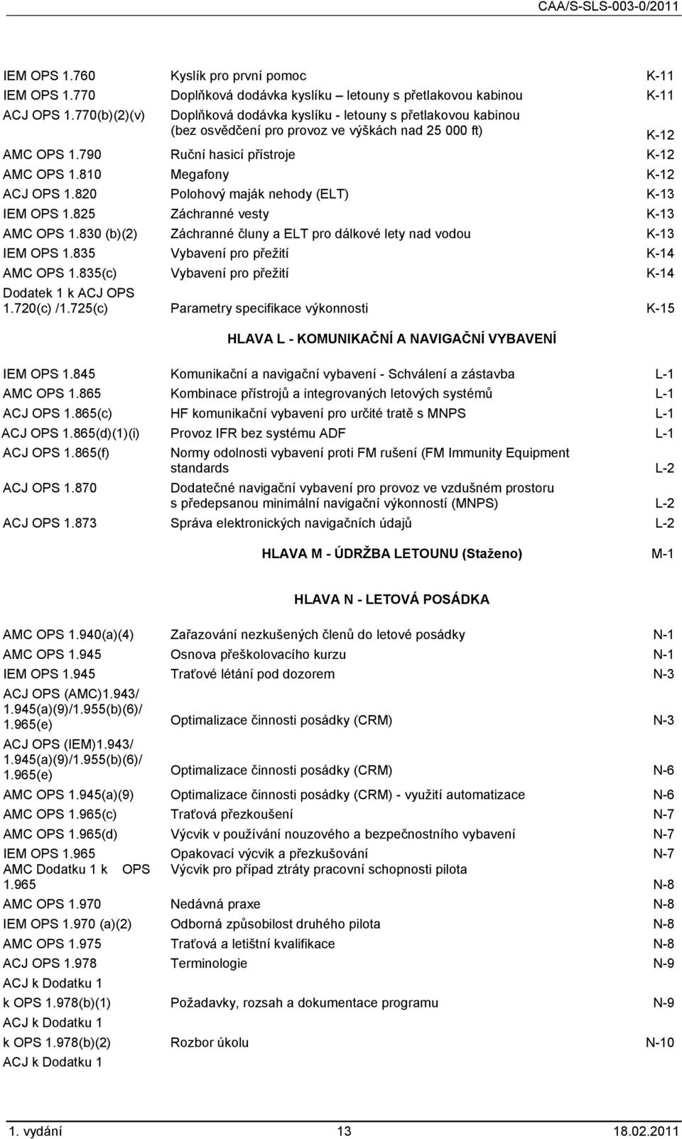 810 Megafony K-12 ACJ OPS 1.820 Polohový maják nehody (ELT) K-13 IEM OPS 1.825 Záchranné vesty K-13 AMC OPS 1.830 (b)(2) Záchranné čluny a ELT pro dálkové lety nad vodou K-13 IEM OPS 1.