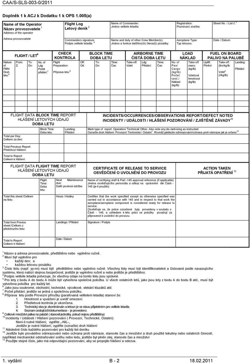 3 Adresa provozovatele Commanders signature: Podpis velitele letadla: 4 Name and duty of other Crew Member(s): Jméno a funkce dalšího(ch) člena(ů) posádky: Aeroplane Type: Typ letounu: Date / Datum: