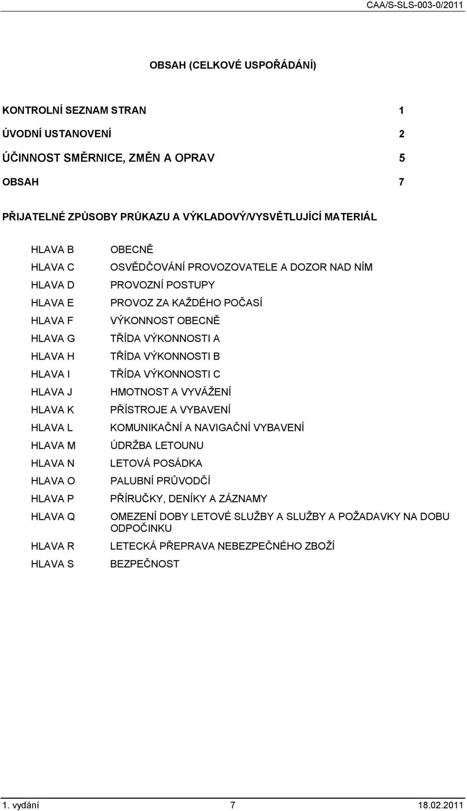 POSTUPY PROVOZ ZA KAŽDÉHO POČASÍ VÝKONNOST OBECNĚ TŘÍDA VÝKONNOSTI A TŘÍDA VÝKONNOSTI B TŘÍDA VÝKONNOSTI C HMOTNOST A VYVÁŽENÍ PŘÍSTROJE A VYBAVENÍ KOMUNIKAČNÍ A NAVIGAČNÍ VYBAVENÍ ÚDRŽBA