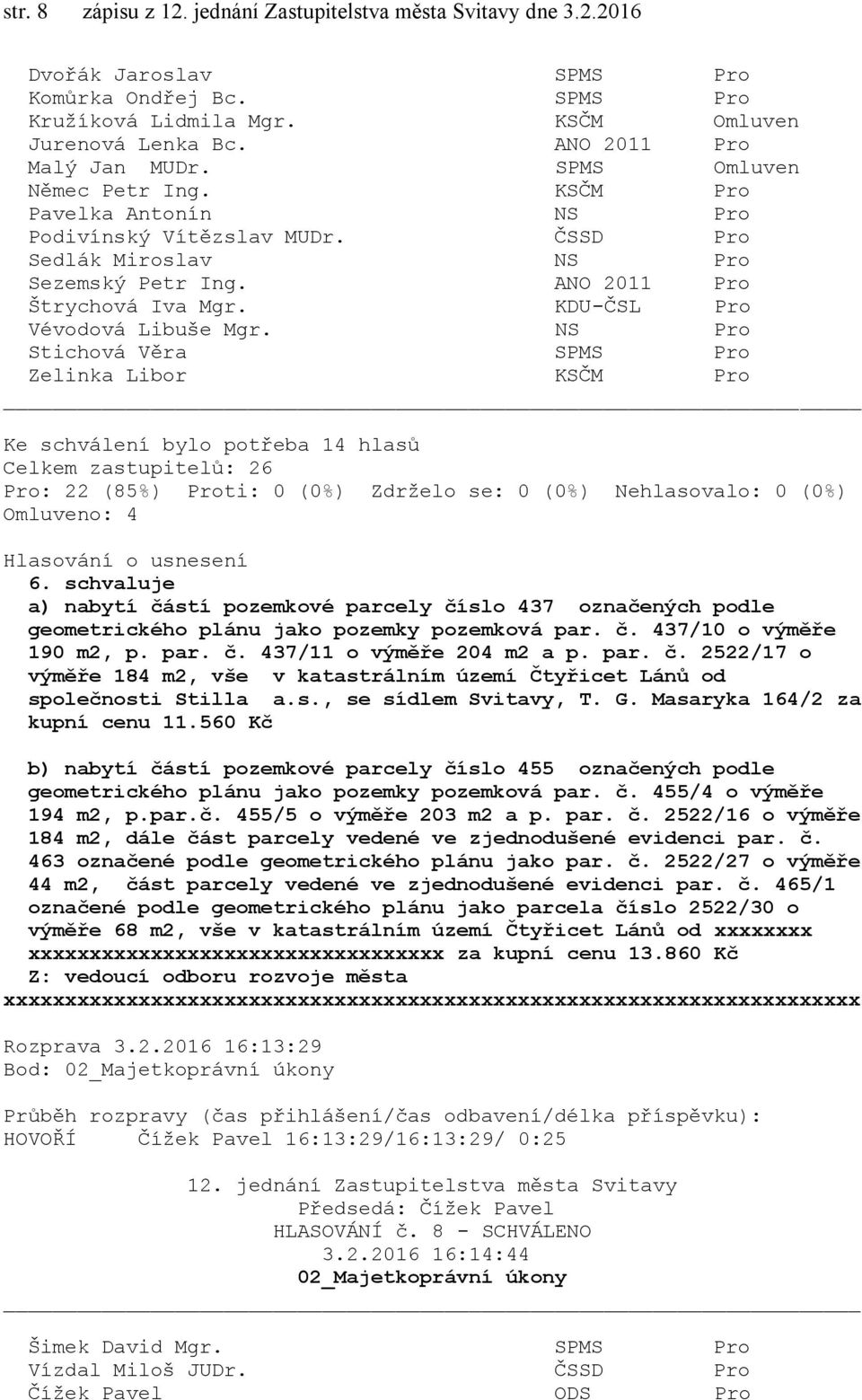 s., se sídlem Svitavy, T. G. Masaryka 164/2 za kupní cenu 11.560 Kč b) nabytí částí pozemkové parcely číslo 455 označených podle geometrického plánu jako pozemky pozemková par. č. 455/4 o výměře 194 m2, p.
