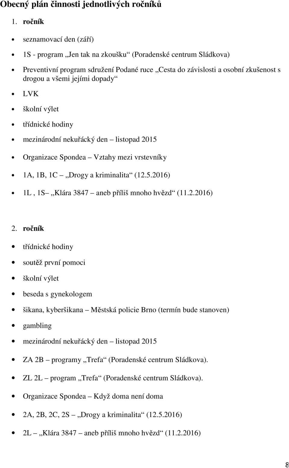 dopady LVK školní výlet třídnické hodiny mezinárodní nekuřácký den listopad 2015 Organizace Spondea Vztahy mezi vrstevníky 1A, 1B, 1C Drogy a kriminalita (12.5.2016) 1L, 1S Klára 3847 aneb příliš mnoho hvězd (11.