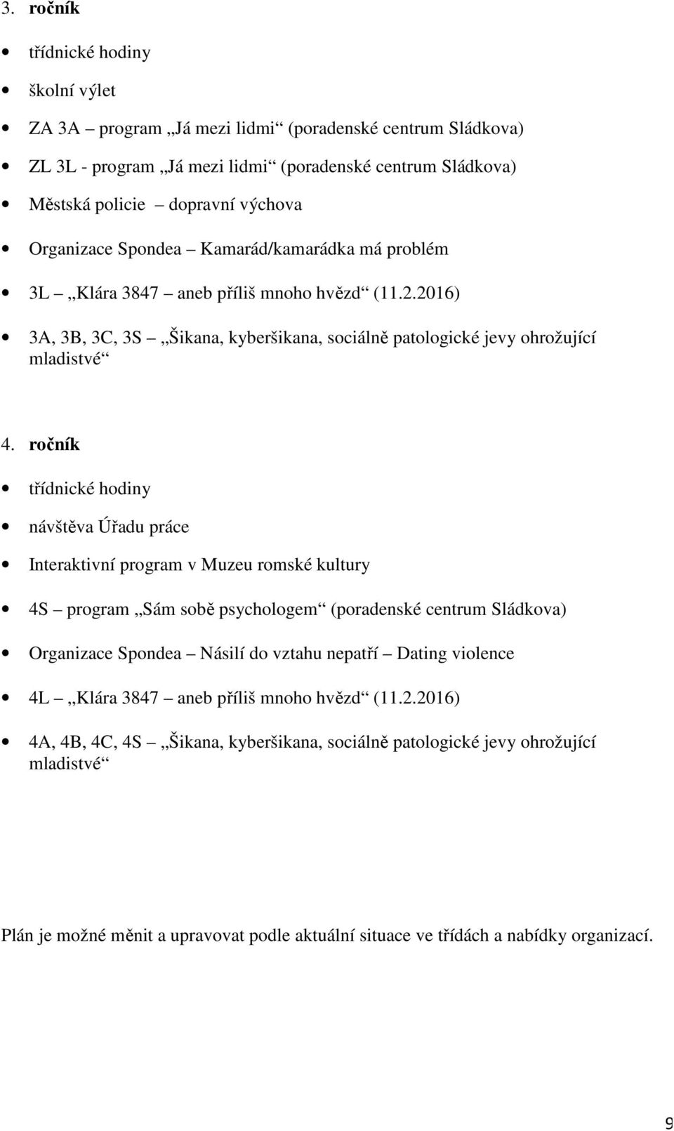 ročník třídnické hodiny návštěva Úřadu práce Interaktivní program v Muzeu romské kultury 4S program Sám sobě psychologem (poradenské centrum Sládkova) Organizace Spondea Násilí do vztahu nepatří