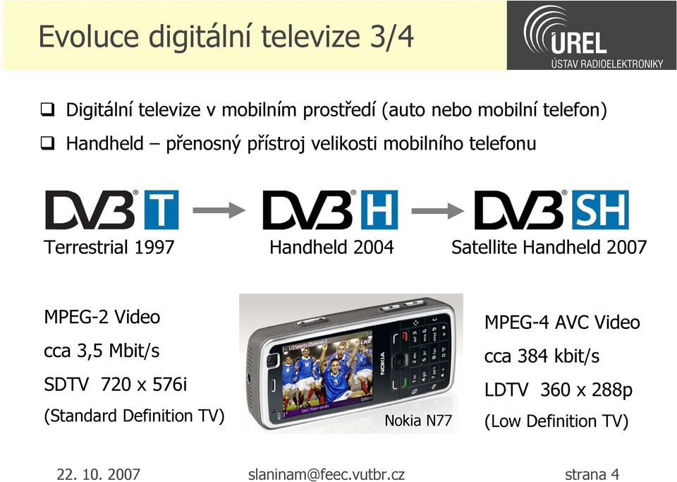 Handheld 2007 MPEG-2 Video cca 3,5 Mbit/s SDTV 720 x 576i (Standard Definition TV) Nokia N77 MPEG-4
