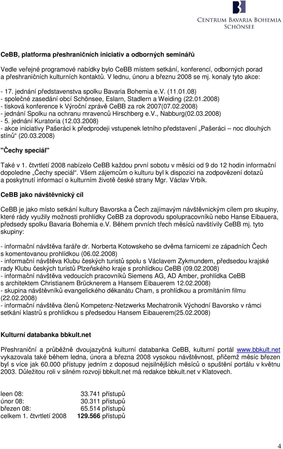 02.2008) - jednání Spolku na ochranu mravenců Hirschberg e.v., Nabburg(02.03.2008) - 5. jednání Kuratoria (12.03.2008) - akce iniciativy Pašeráci k předprodeji vstupenek letního představení Pašeráci noc dlouhých stínů (20.