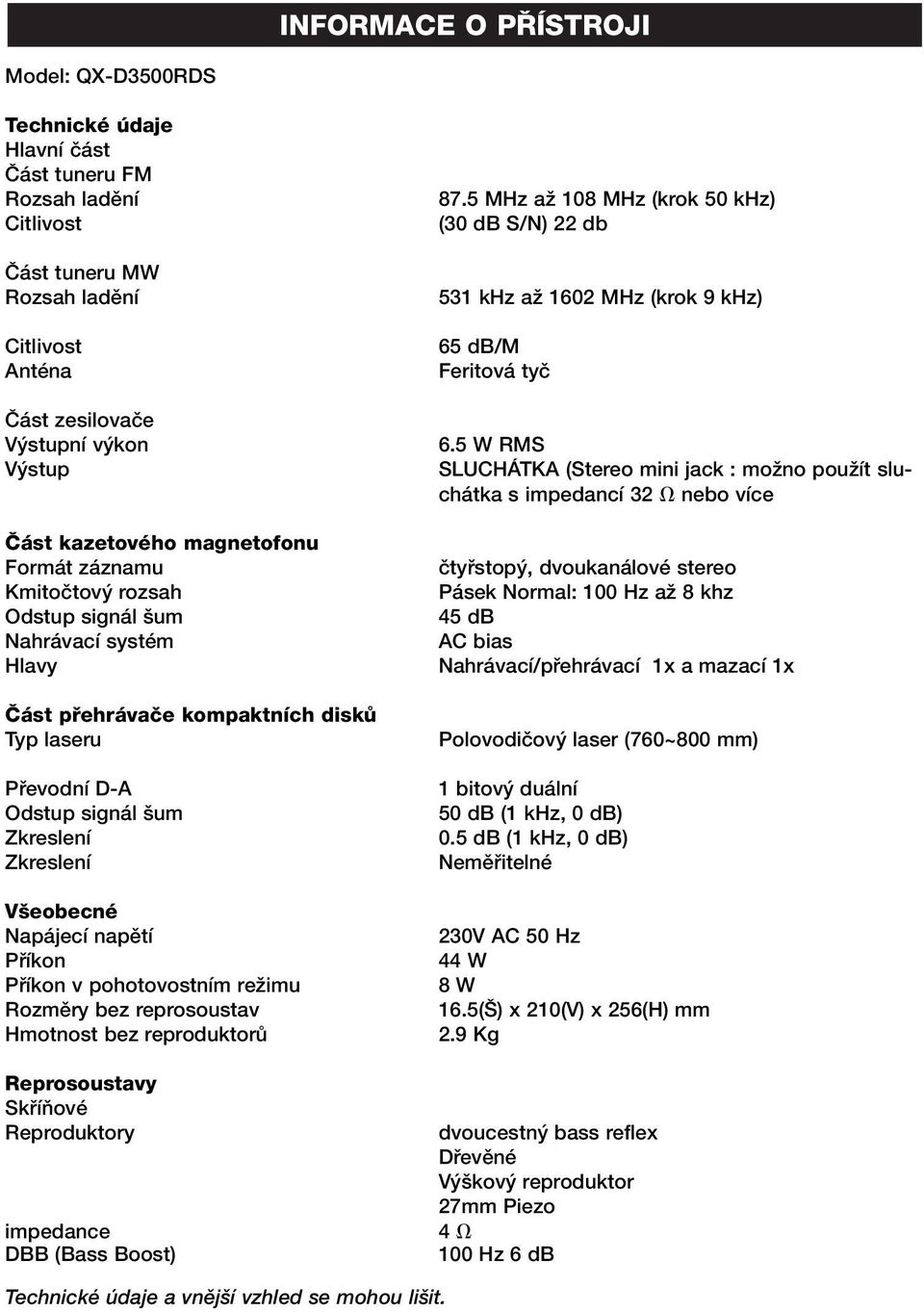 eobecné Napájecí napûtí Pfiíkon Pfiíkon v pohotovostním reïimu Rozmûry bez reprosoustav Hmotnost bez reproduktorû Reprosoustavy SkfiíÀové Reproduktory impedance DBB (Bass Boost) 87.