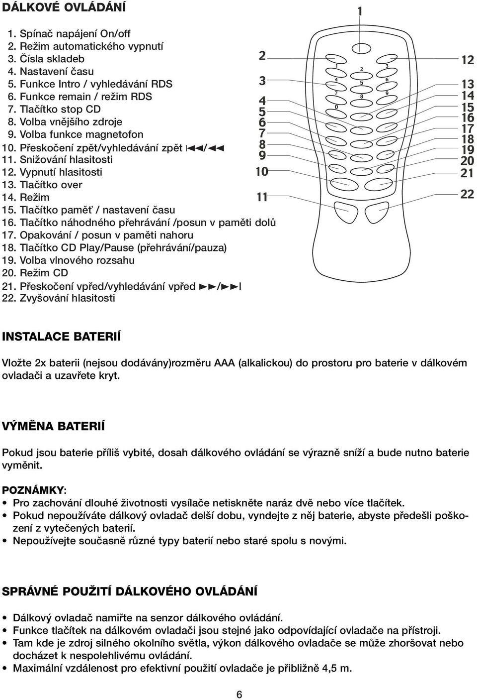 Tlaãítko pamûè / nastavení ãasu 16. Tlaãítko náhodného pfiehrávání /posun v pamûti dolû 17. Opakování / posun v pamûti nahoru 18. Tlaãítko CD Play/Pause (pfiehrávání/pauza) 19.