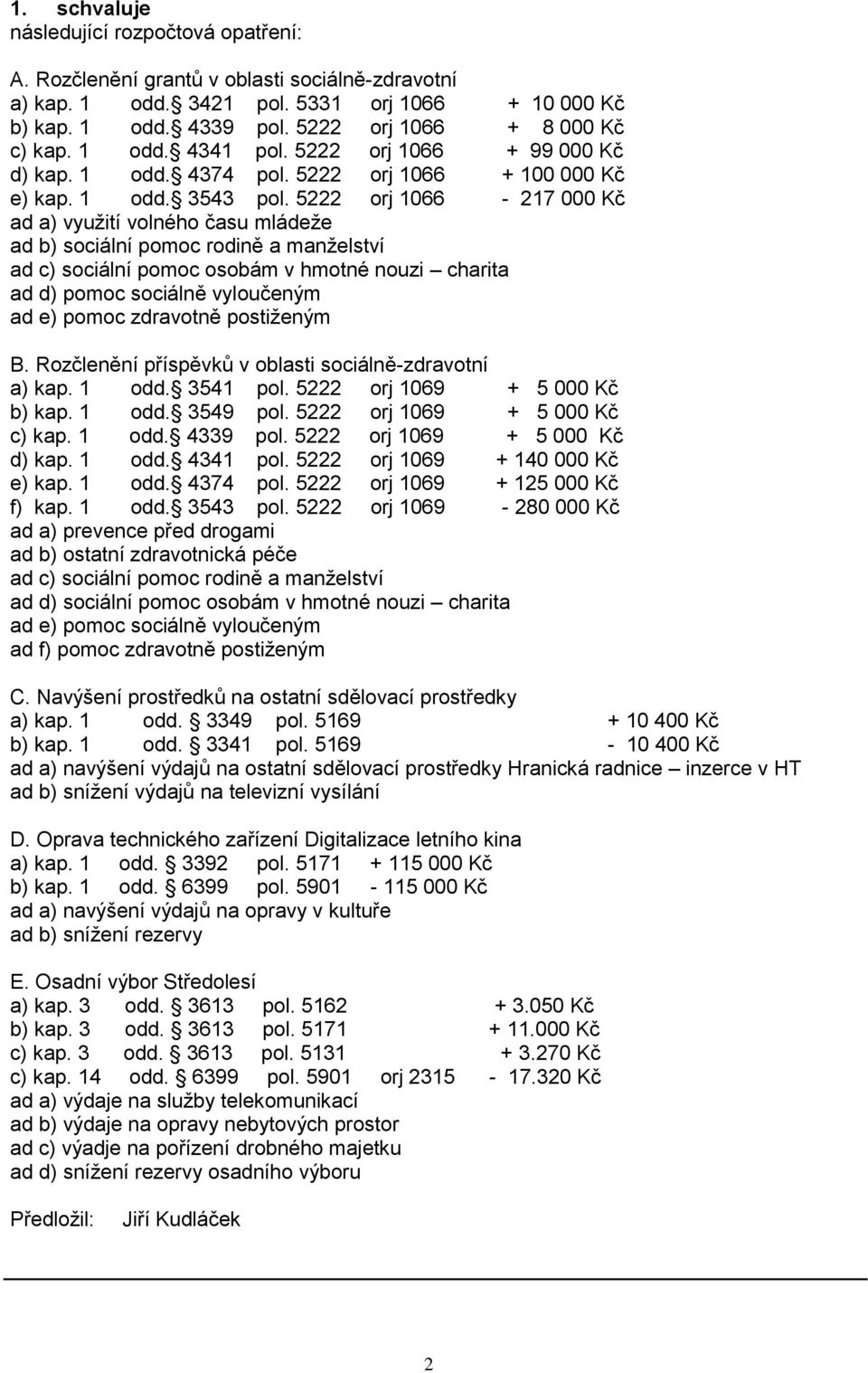 5222 orj 1066-217 000 Kč ad a) využití volného času mládeže ad b) sociální pomoc rodině a manželství ad c) sociální pomoc osobám v hmotné nouzi charita ad d) pomoc sociálně vyloučeným ad e) pomoc