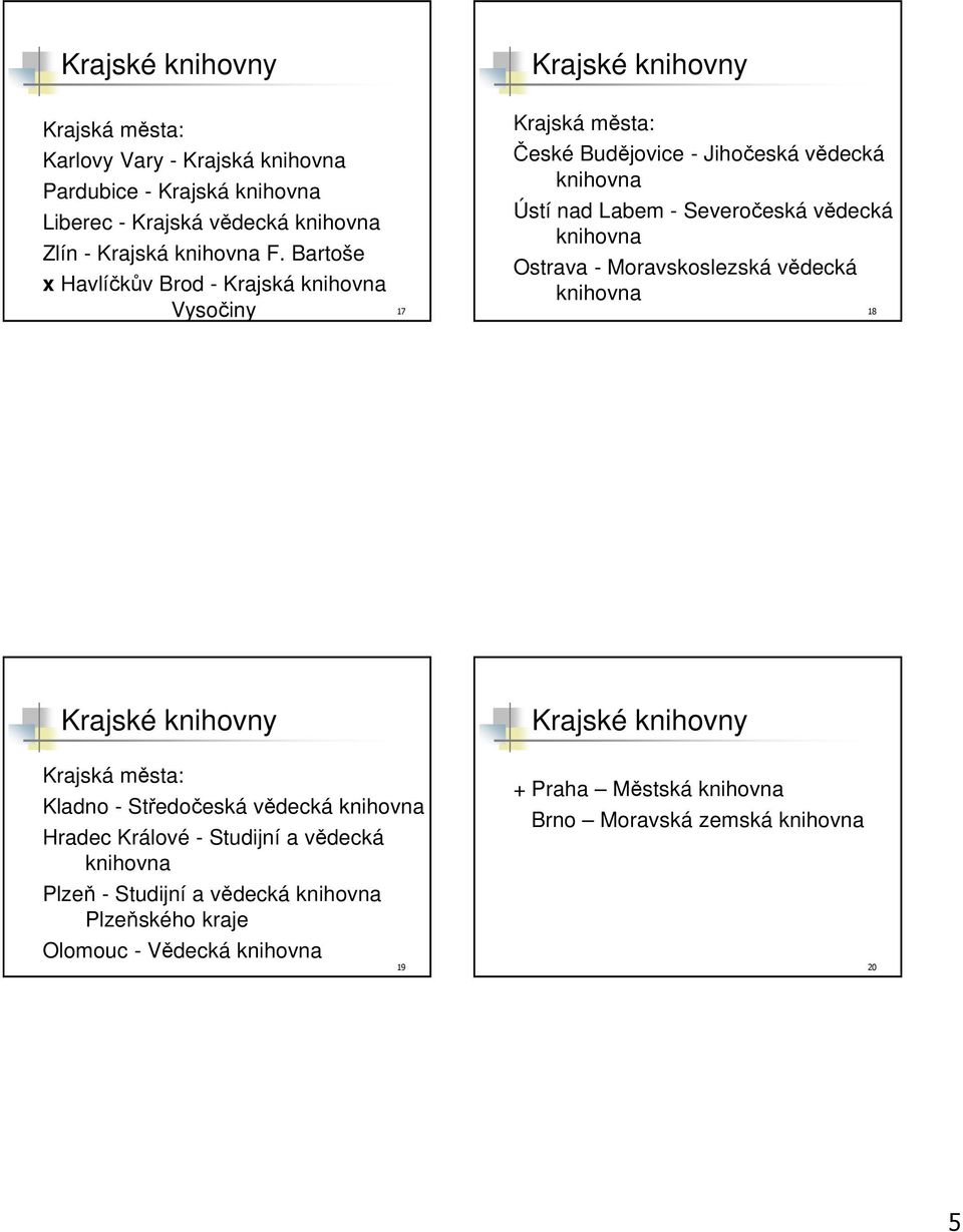 - Moravskoslezská vědecká knihovna Vysočiny 17 18 Krajské knihovny Krajské knihovny Krajská města: Kladno - Středočeská vědecká knihovna Hradec Králové -