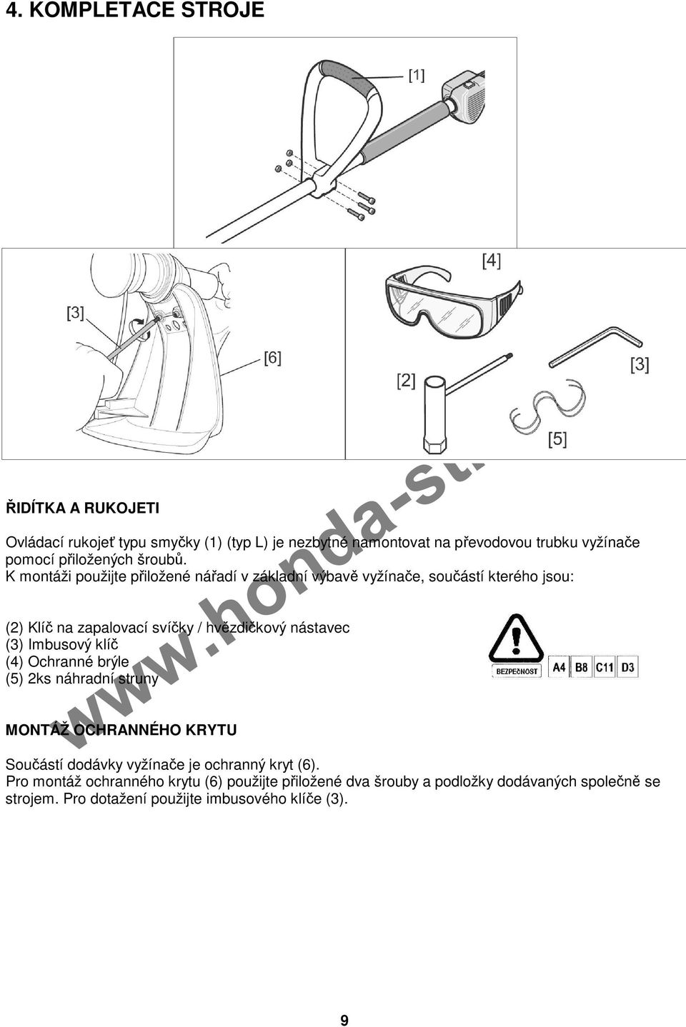 K montáži použijte přiložené nářadí v základní výbavě vyžínače, součástí kterého jsou: (2) Klíč na zapalovací svíčky / hvězdičkový nástavec (3)