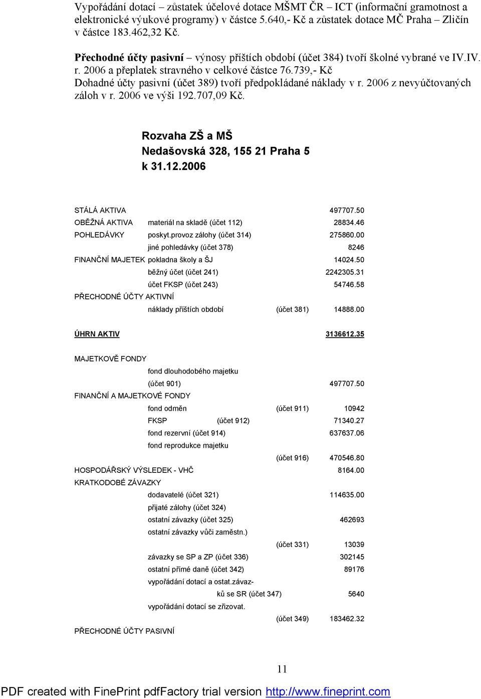 739,- Kč Dohadné účty pasivní (účet 389) tvoří předpokládané náklady v r. 2006 z nevyúčtovaných záloh v r. 2006 ve výši 192.707,09 Kč. Rozvaha ZŠ a MŠ Nedašovská 328, 155 21 Praha 5 k 31.12.