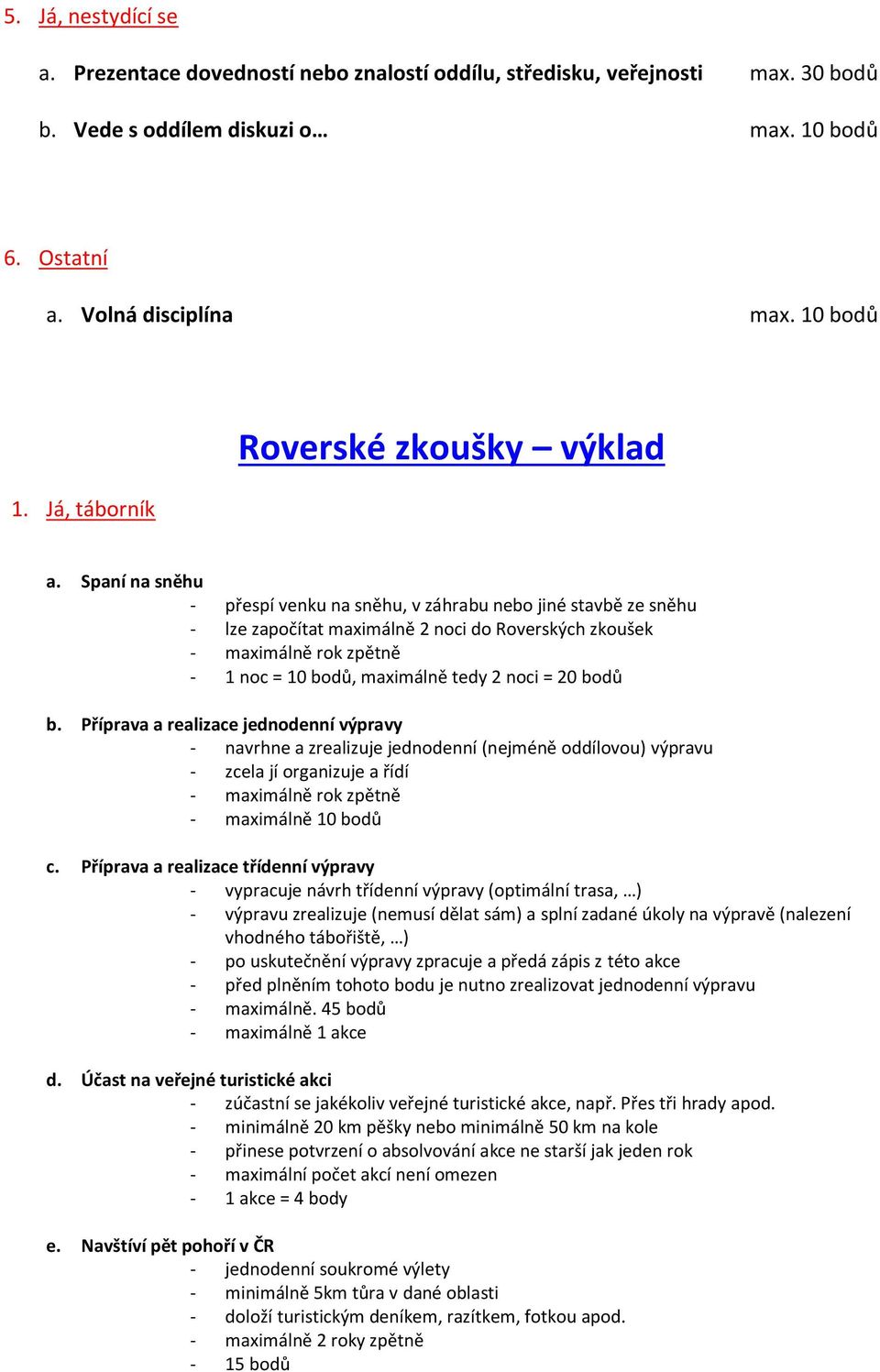 Spaní na sněhu - přespí venku na sněhu, v záhrabu nebo jiné stavbě ze sněhu - lze započítat maximálně 2 noci do Roverských zkoušek - 1 noc = 10 bodů, maximálně tedy 2 noci = 20 bodů b.