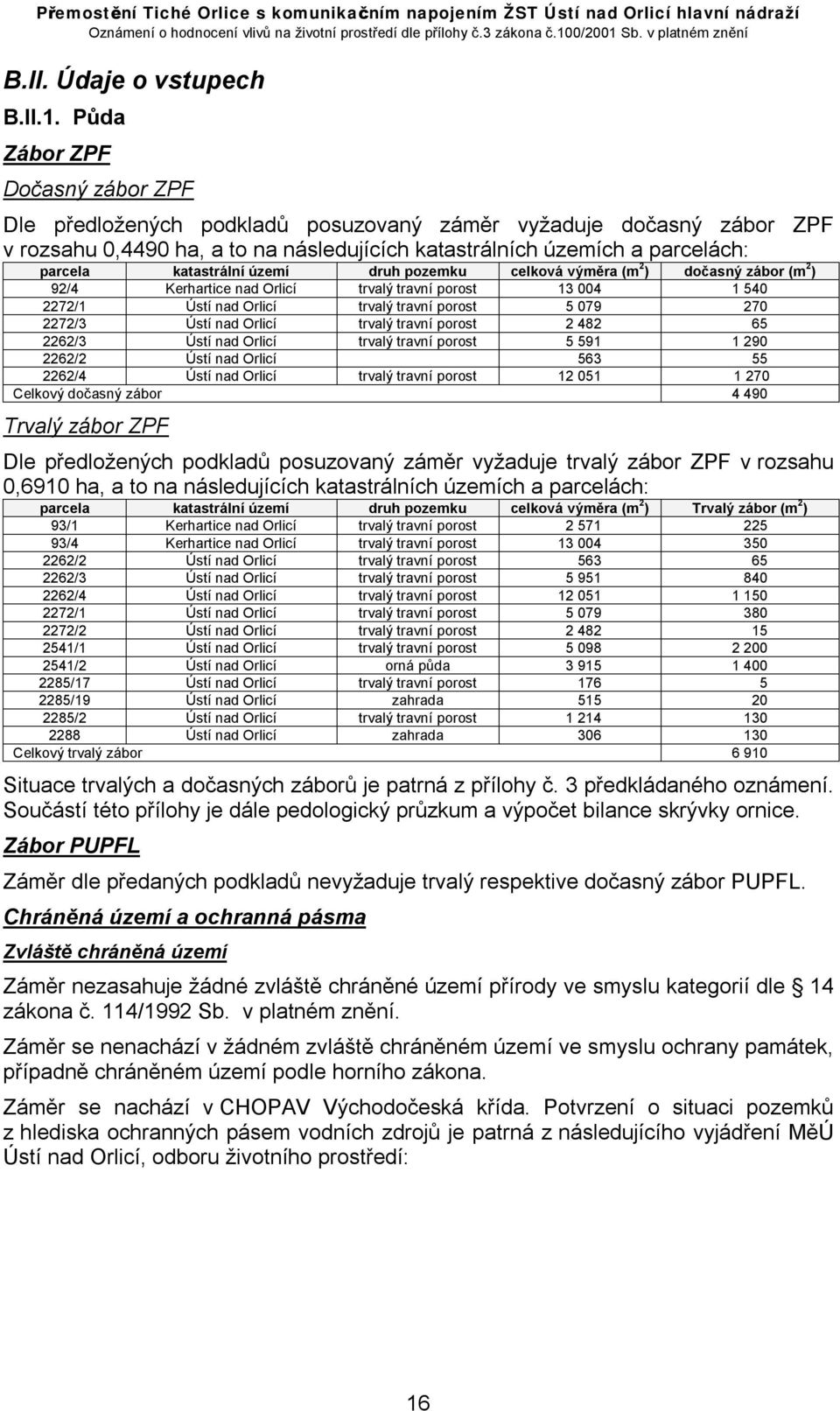 katastrální území druh pozemku celková výměra (m 2 ) dočasný zábor (m 2 ) 92/4 Kerhartice nad Orlicí trvalý travní porost 13 004 1 540 2272/1 Ústí nad Orlicí trvalý travní porost 5 079 270 2272/3