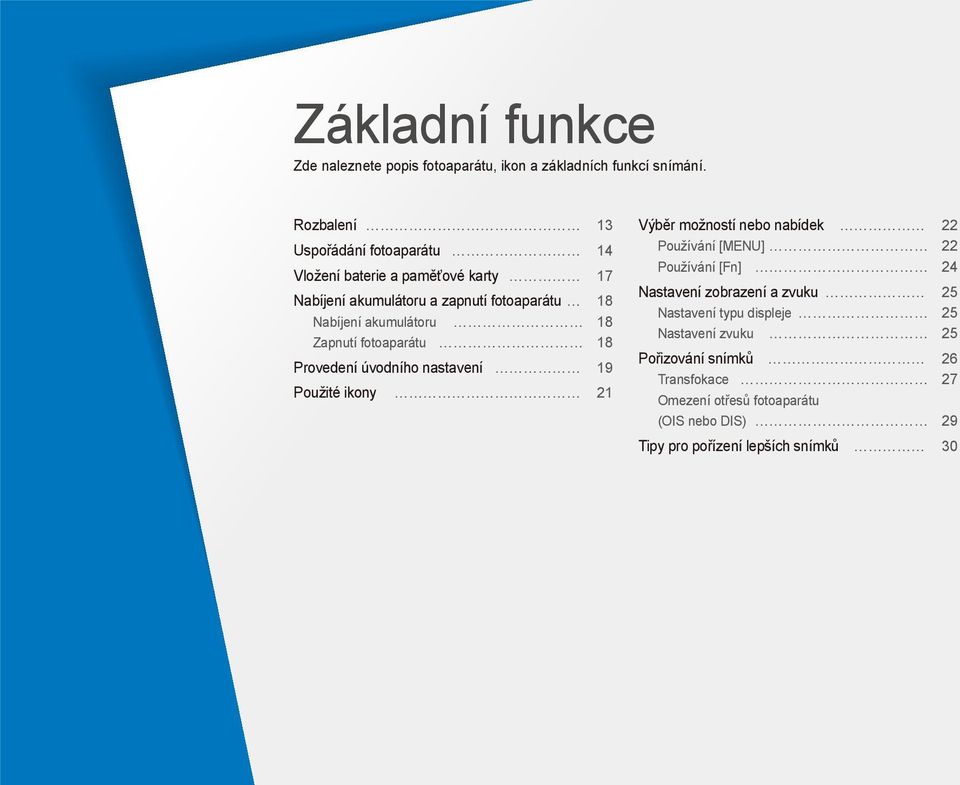 akumulátoru 18 Zapnutí fotoaparátu 18 Provedení úvodního nastavení 19 Použité ikony 21 Výběr možností nebo nabídek 22 Používání [MENU] 22