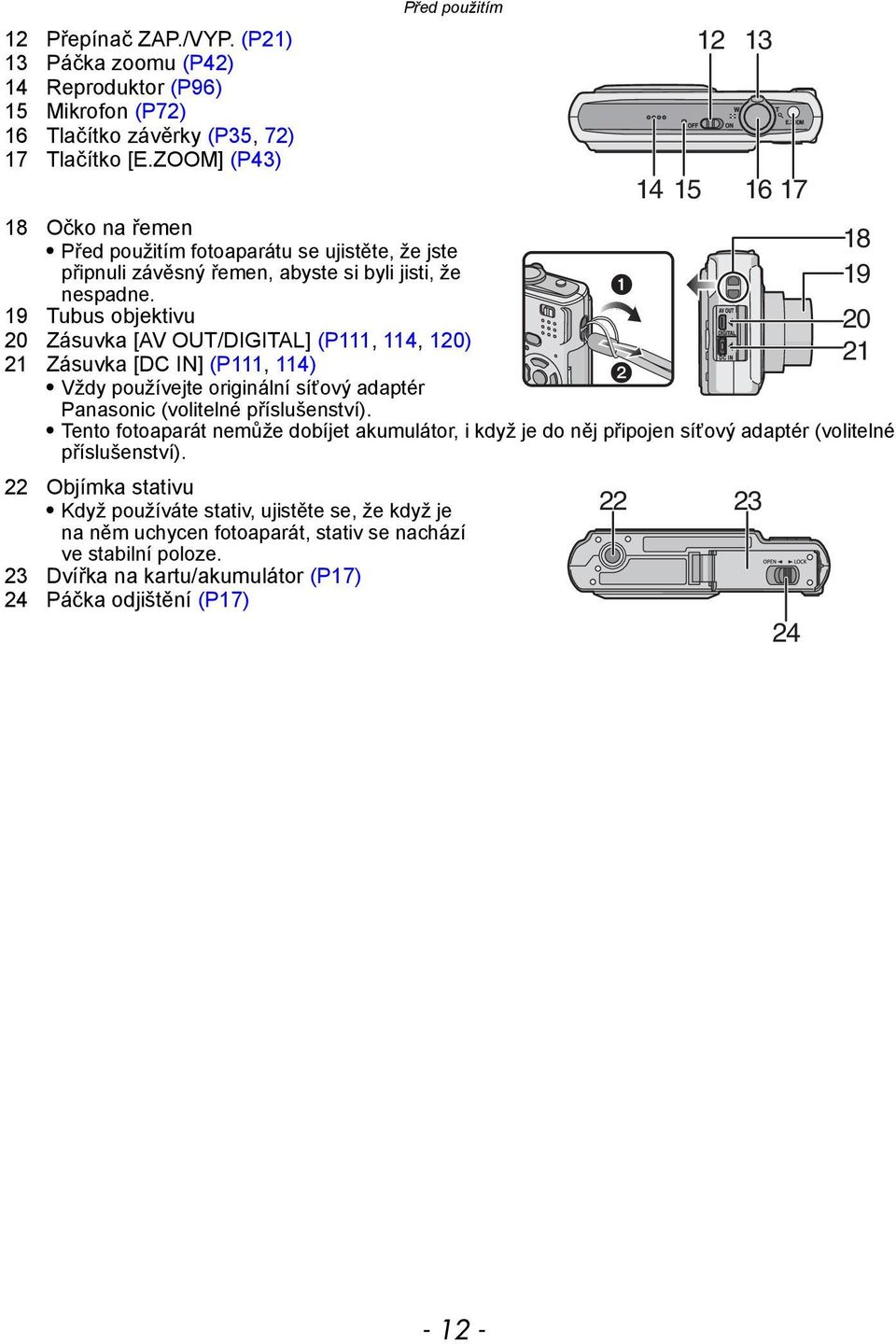 19 Tubus objektivu 20 Zásuvka [AV OUT/DIGITAL] (P111, 114, 120) 21 Zásuvka [DC IN] (P111, 114) Vždy používejte originální síťový adaptér Panasonic (volitelné příslušenství).