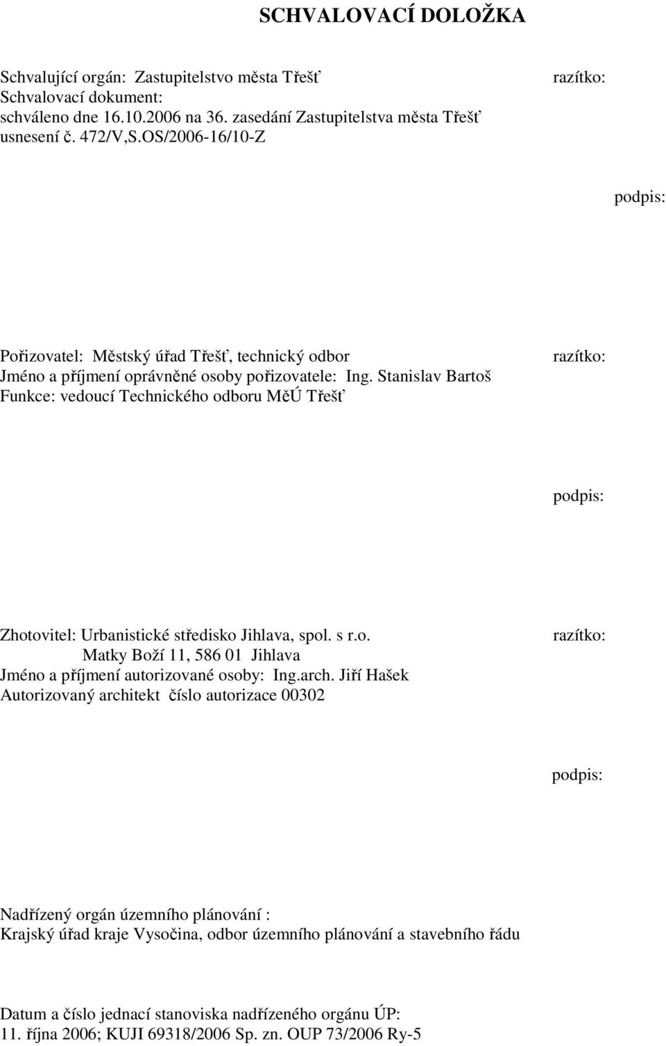 Stanislav Bartoš Funkce: vedoucí Technického odboru MěÚ Třešť razítko: podpis: Zhotovitel: Urbanistické středisko Jihlava, spol. s r.o. Matky Boží 11, 586 01 Jihlava Jméno a příjmení autorizované osoby: Ing.