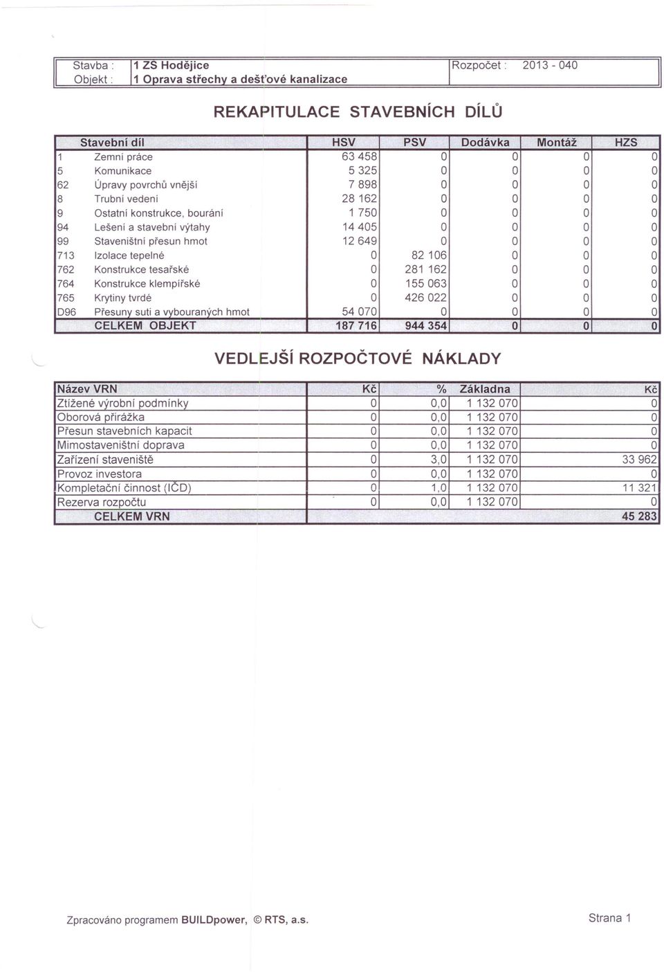 O 94 Lešení a savební výahy 14405 O O O O 99 Savenišní přesun ho 12649 O O O O 713 Izolace epelné O 82106 O O O 762 Konsrukce esařské O 281 162 O O O 764 Konsrukce klepířské O 155063 O O O 765 Kryiny