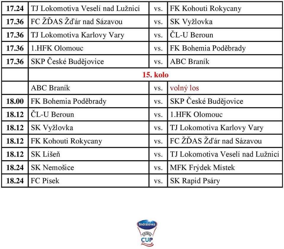 00 FK Bohemia Poděbrady vs. SKP České Budějovice 18.12 ČL-U Beroun vs. 1.HFK Olomouc 18.12 SK Vyžlovka vs. TJ Lokomotiva Karlovy Vary 18.