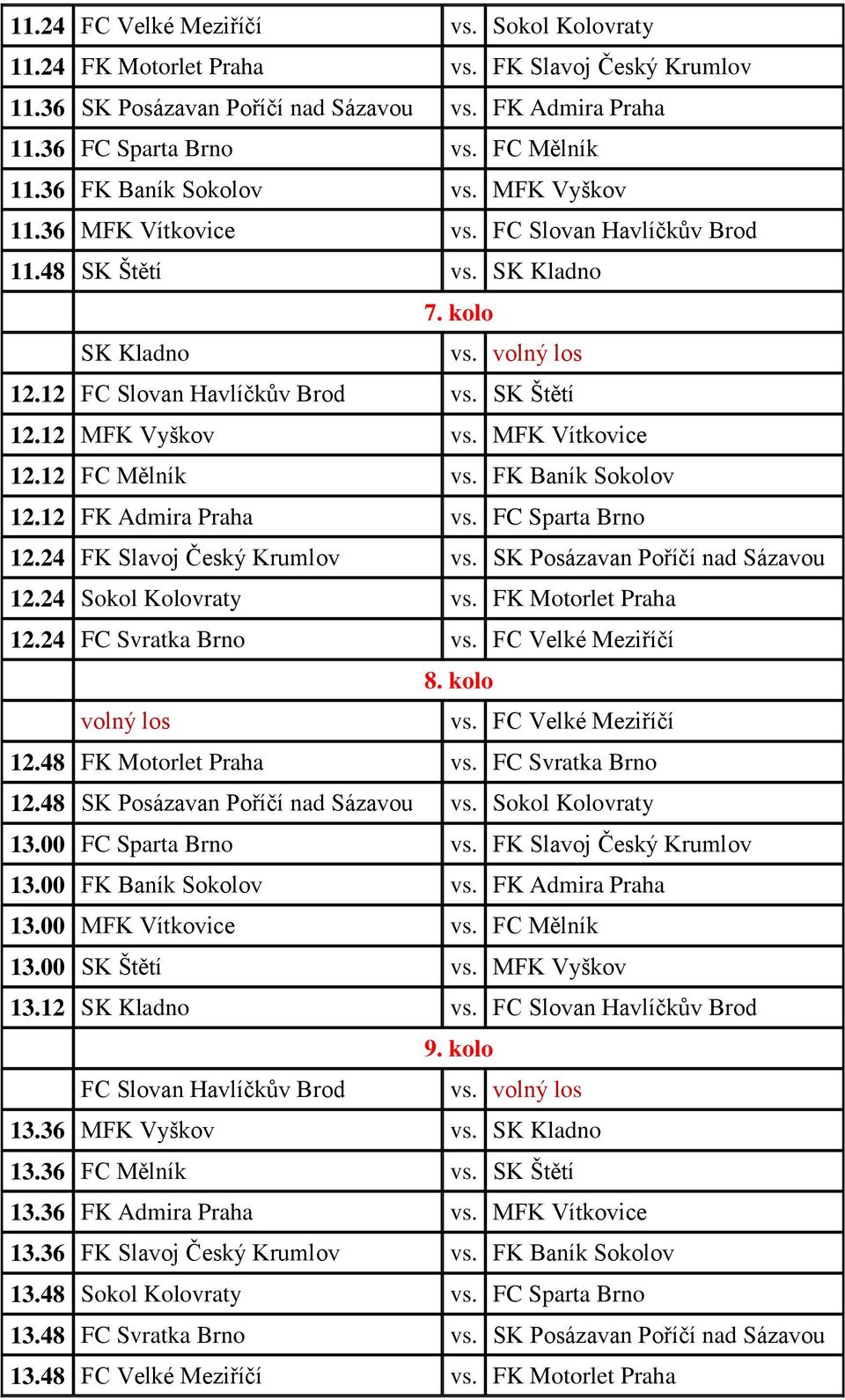 MFK Vítkovice 12.12 FC Mělník vs. FK Baník Sokolov 12.12 FK Admira Praha vs. FC Sparta Brno 12.24 FK Slavoj Český Krumlov vs. SK Posázavan Poříčí nad Sázavou 12.24 Sokol Kolovraty vs.
