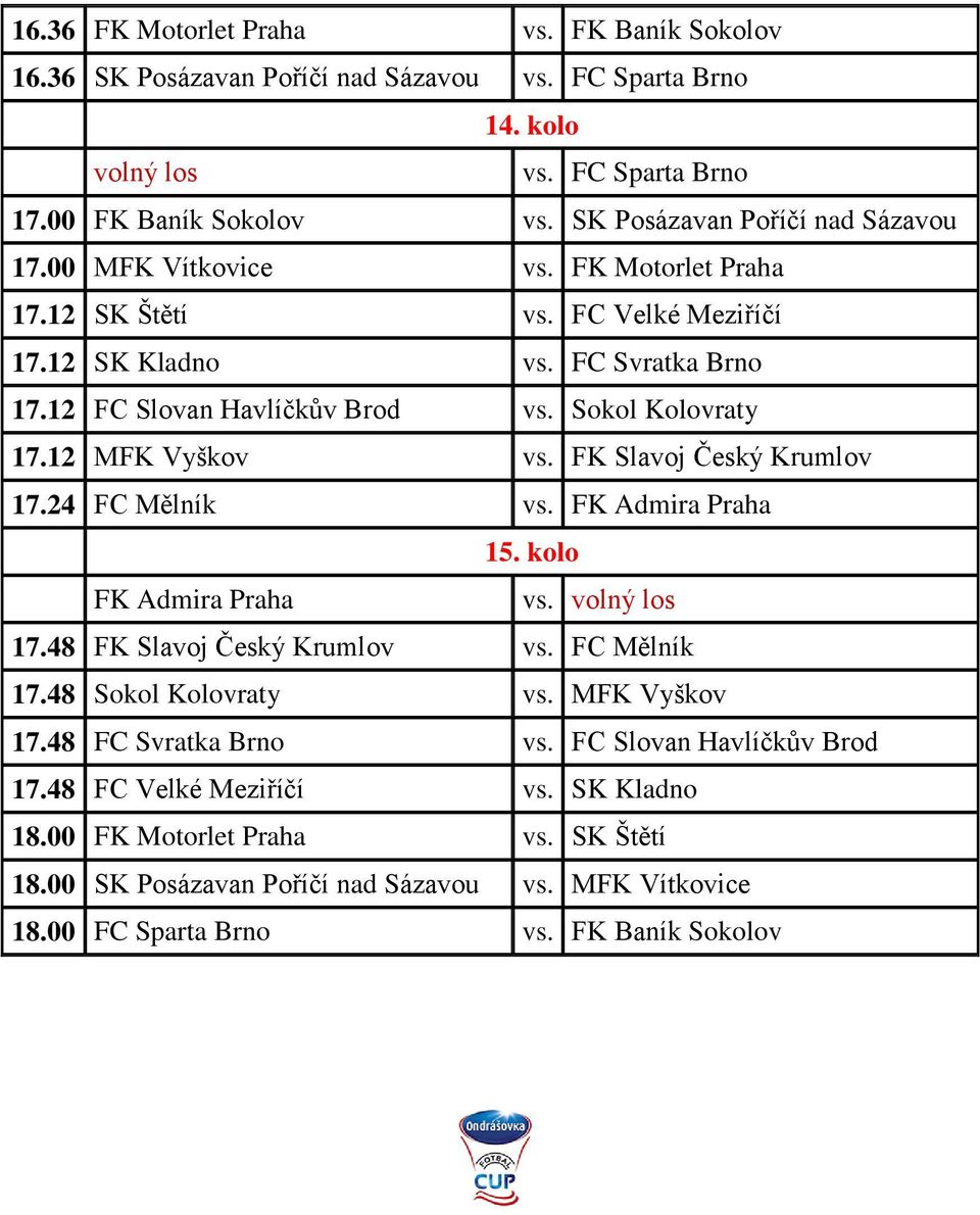 FK Slavoj Český Krumlov 17.24 FC Mělník vs. FK Admira Praha 15. kolo FK Admira Praha vs. 17.48 FK Slavoj Český Krumlov vs. FC Mělník 17.48 Sokol Kolovraty vs. MFK Vyškov 17.