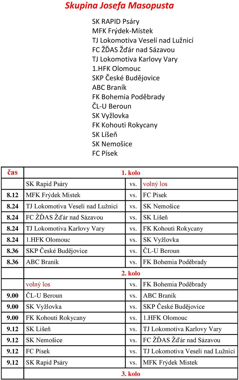 24 TJ Lokomotiva Veselí nad Lužnicí vs. SK Nemošice 8.24 FC ŽĎAS Žďár nad Sázavou vs. SK Líšeň 8.24 TJ Lokomotiva Karlovy Vary vs. FK Kohouti Rokycany 8.24 1.HFK Olomouc vs. SK Vyžlovka 8.