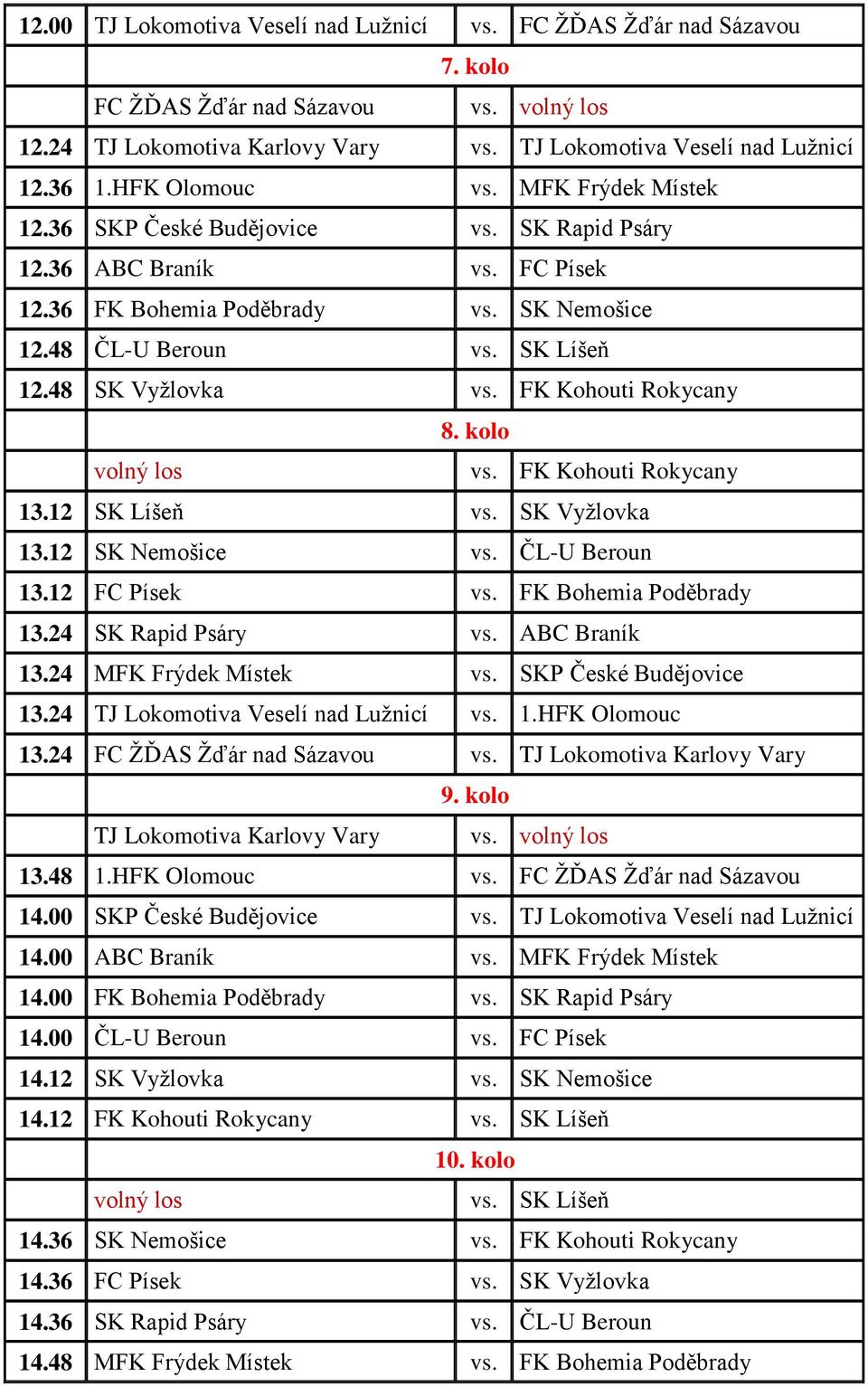 FK Kohouti Rokycany 8. kolo vs. FK Kohouti Rokycany 13.12 SK Líšeň vs. SK Vyžlovka 13.12 SK Nemošice vs. ČL-U Beroun 13.12 FC Písek vs. FK Bohemia Poděbrady 13.24 SK Rapid Psáry vs. ABC Braník 13.