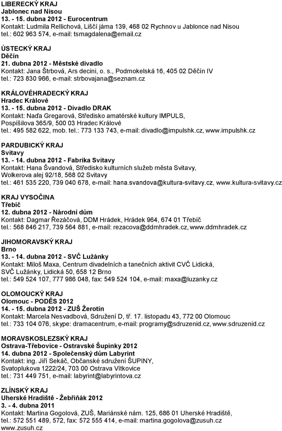 cz KRÁLOVÉHRADECKÝ KRAJ Hradec Králové 13. - 15. dubna 2012 - Divadlo DRAK Kontakt: Naďa Gregarová, Středisko amatérské kultury IMPULS, Pospíšilova 365/9, 500 03 Hradec Králové tel.: 495 582 622, mob.