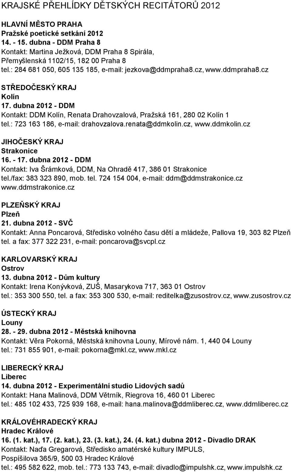 dubna 2012 - DDM Kontakt: DDM Kolín, Renata Drahovzalová, Pražská 161, 280 02 Kolín 1 tel.: 723 163 186, e-mail: drahovzalova.renata@ddmkolin.cz, www.ddmkolin.cz JIHOČESKÝ KRAJ Strakonice 16. - 17.