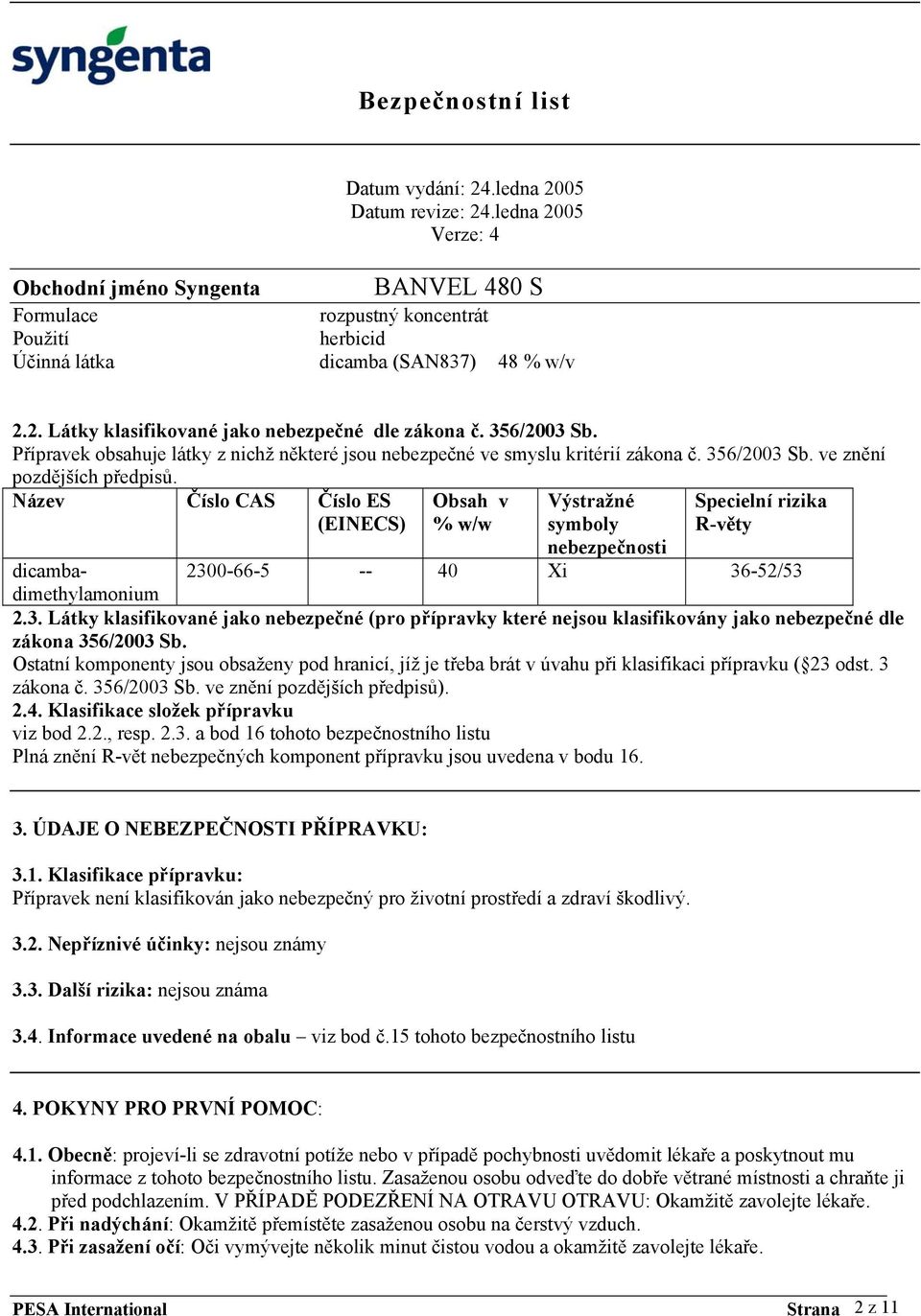 Název Číslo CAS Číslo ES (EINECS) Obsah v % w/w Výstražné symboly nebezpečnosti Specielní rizika R-věty dicambadimethylamonium 230