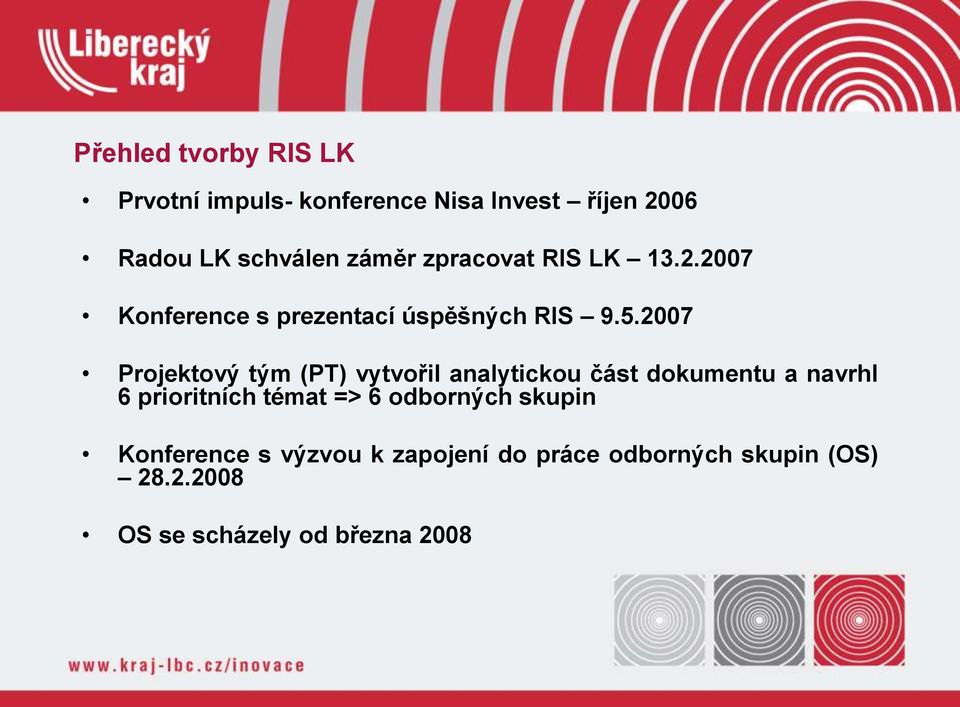 2007 Projektový tým (PT) vytvořil analytickou část dokumentu a navrhl 6 prioritních témat => 6